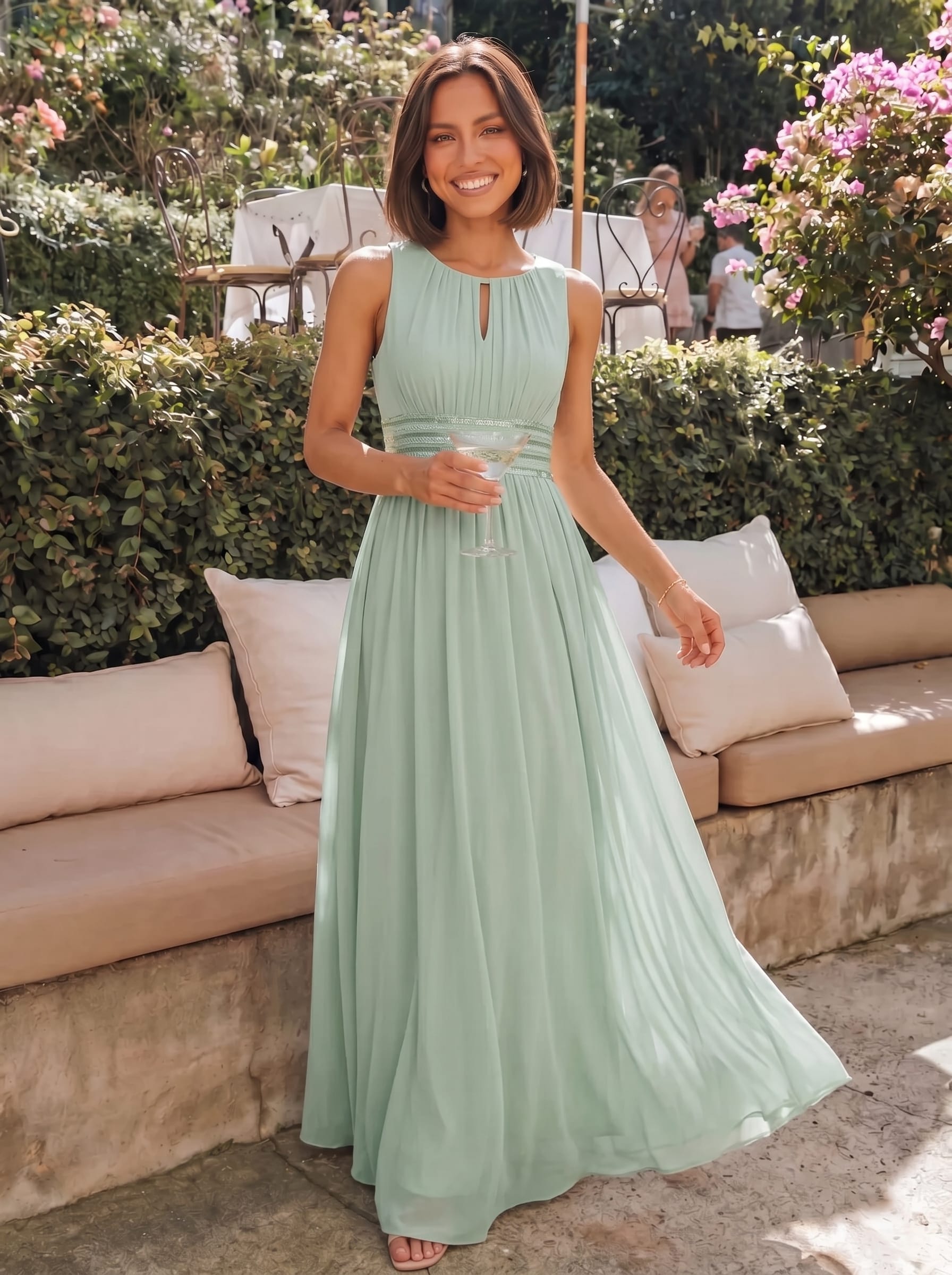 A-Line Chiffon Bridesmaid Dress with Sleeveless Round Neckline and Pleats #color_Mint Green