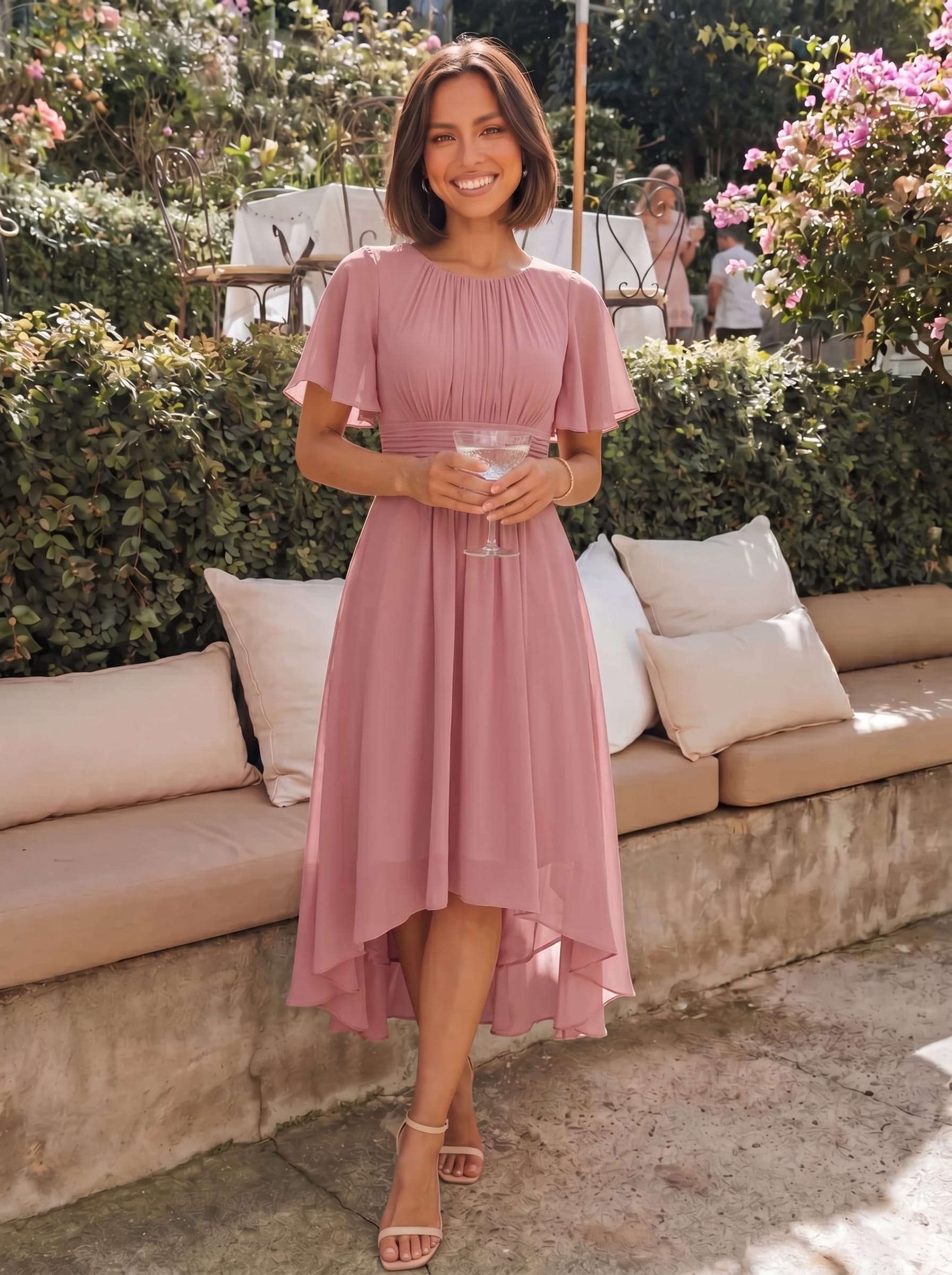 Flowy Chiffon Round Neckline A-Line Knee Length Wedding Guest Dress #color_Dusty Rose