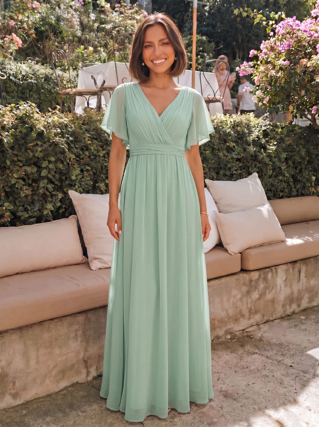 LEORA Chiffon Pleated V Neck Flutter Sleeve Maxi Bridesmaid Dress