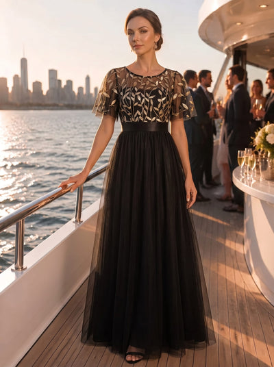 ever SAPHIR|Women's A-Line Short Sleeve Embroidery Floor Length Evening Dresses