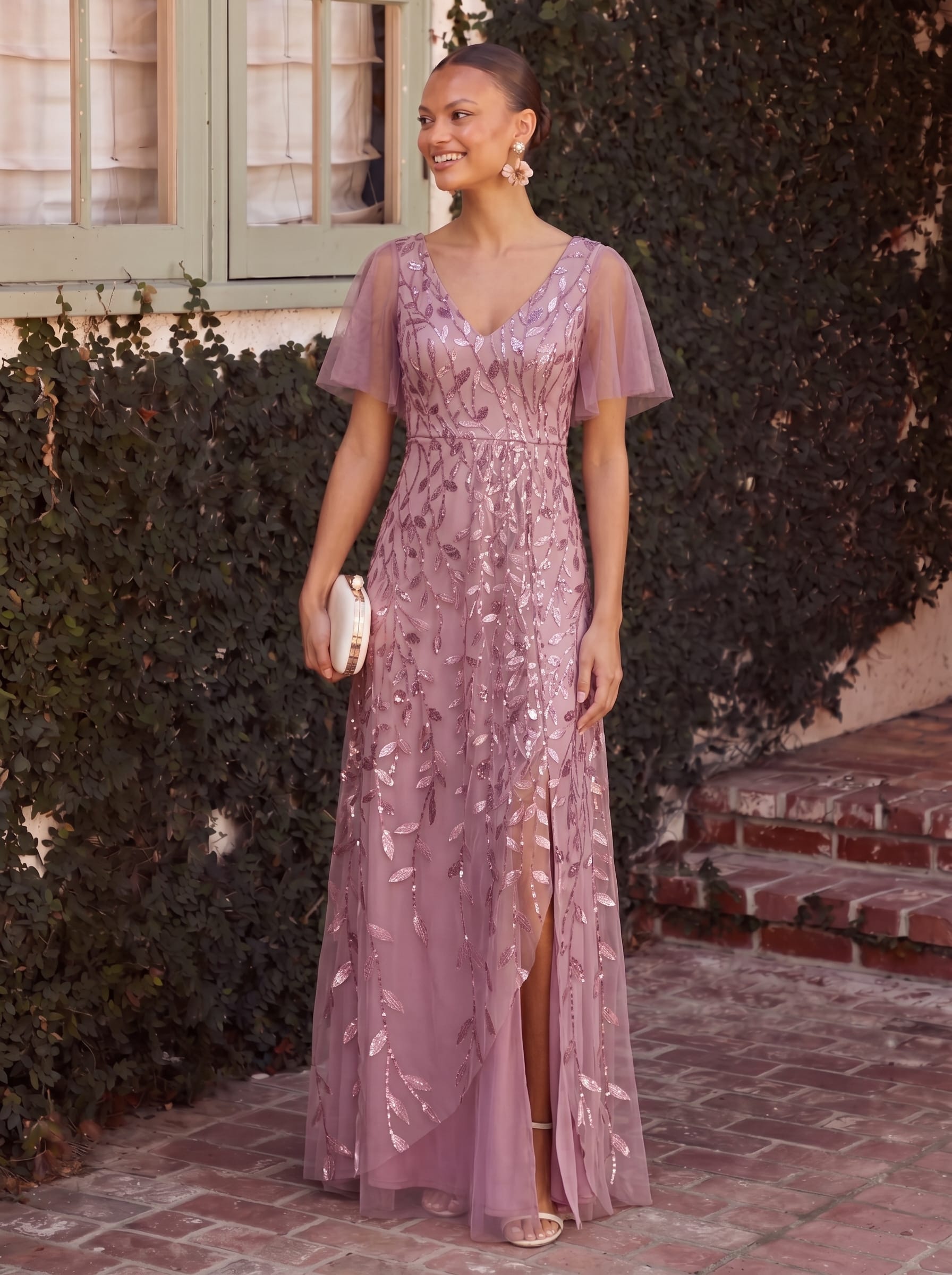 V-Neck Sequined Evening Dresses with High Slit #color_Purple Orchid