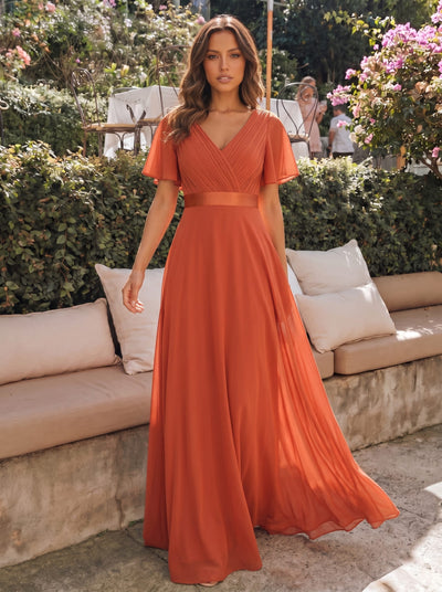 ever MONICA|Long Empire Waist Bridesmaid Dress with Short Flutter Sleeves