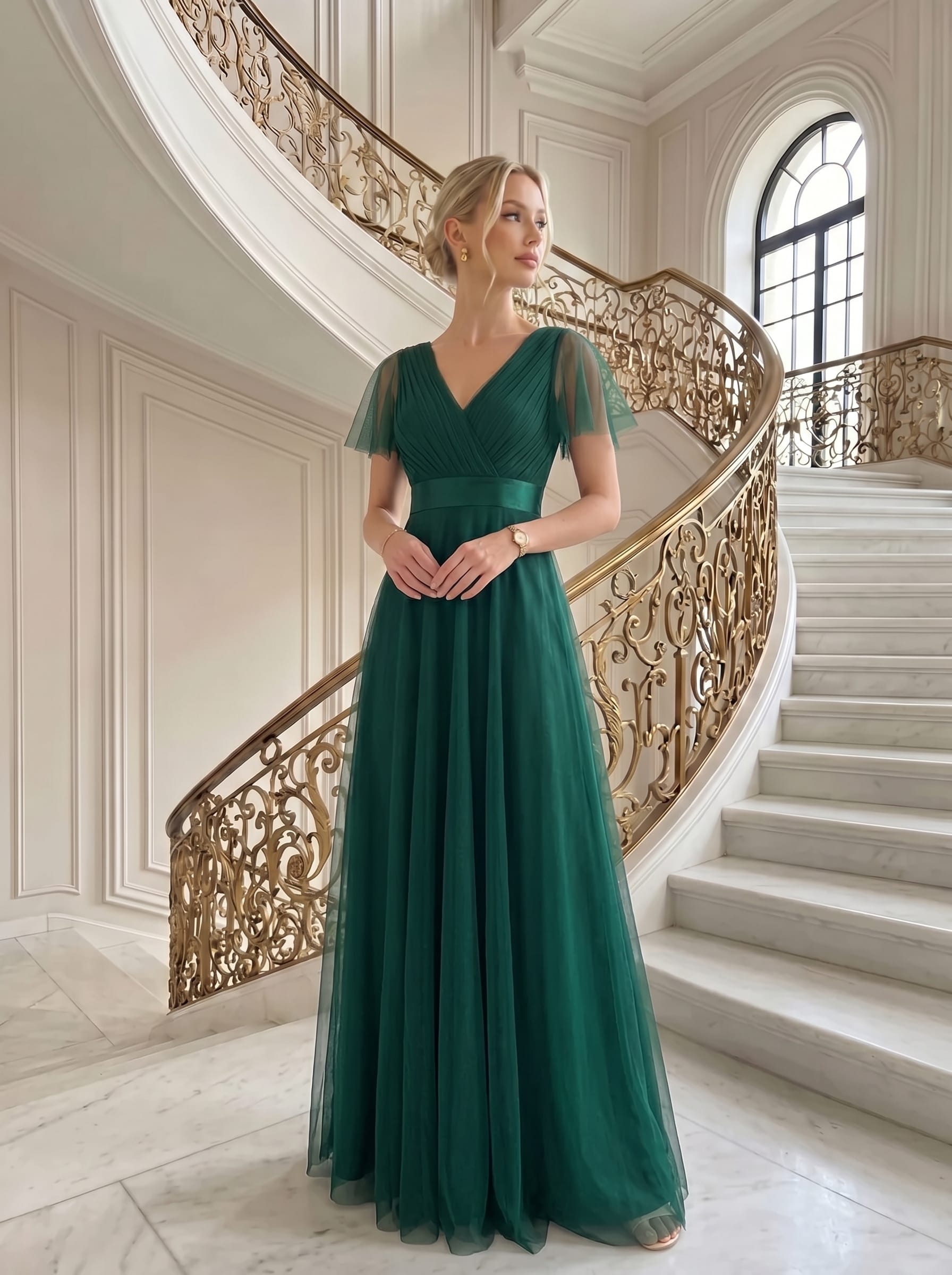 Double V-Neck Tulle Floor-Length Bridesmaid Dress #color_Dark Green