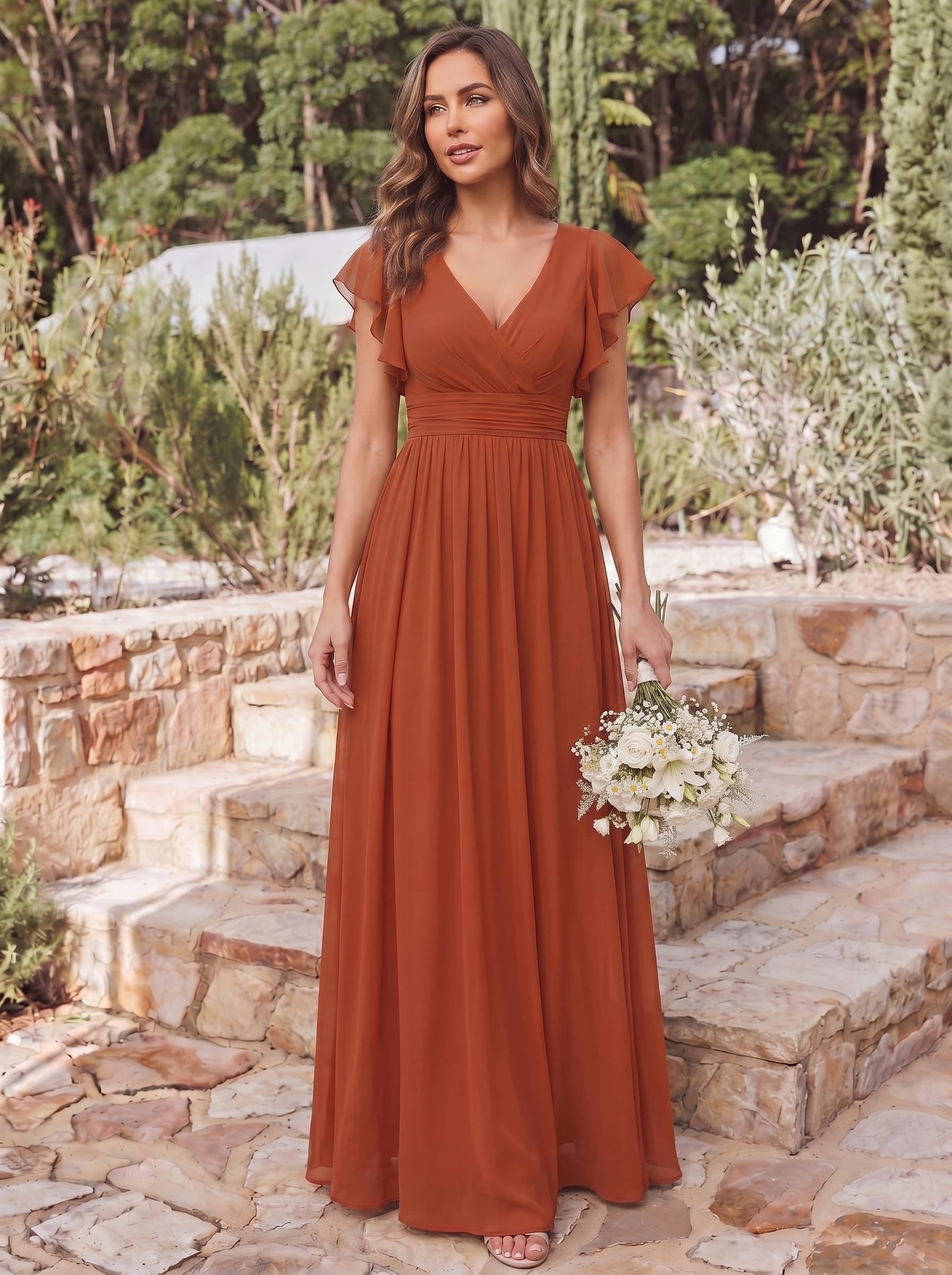 Elegant V-Neck Open Back Chiffon Bridesmaid Dress with Ruffled Sleeves #color_Burnt Orange