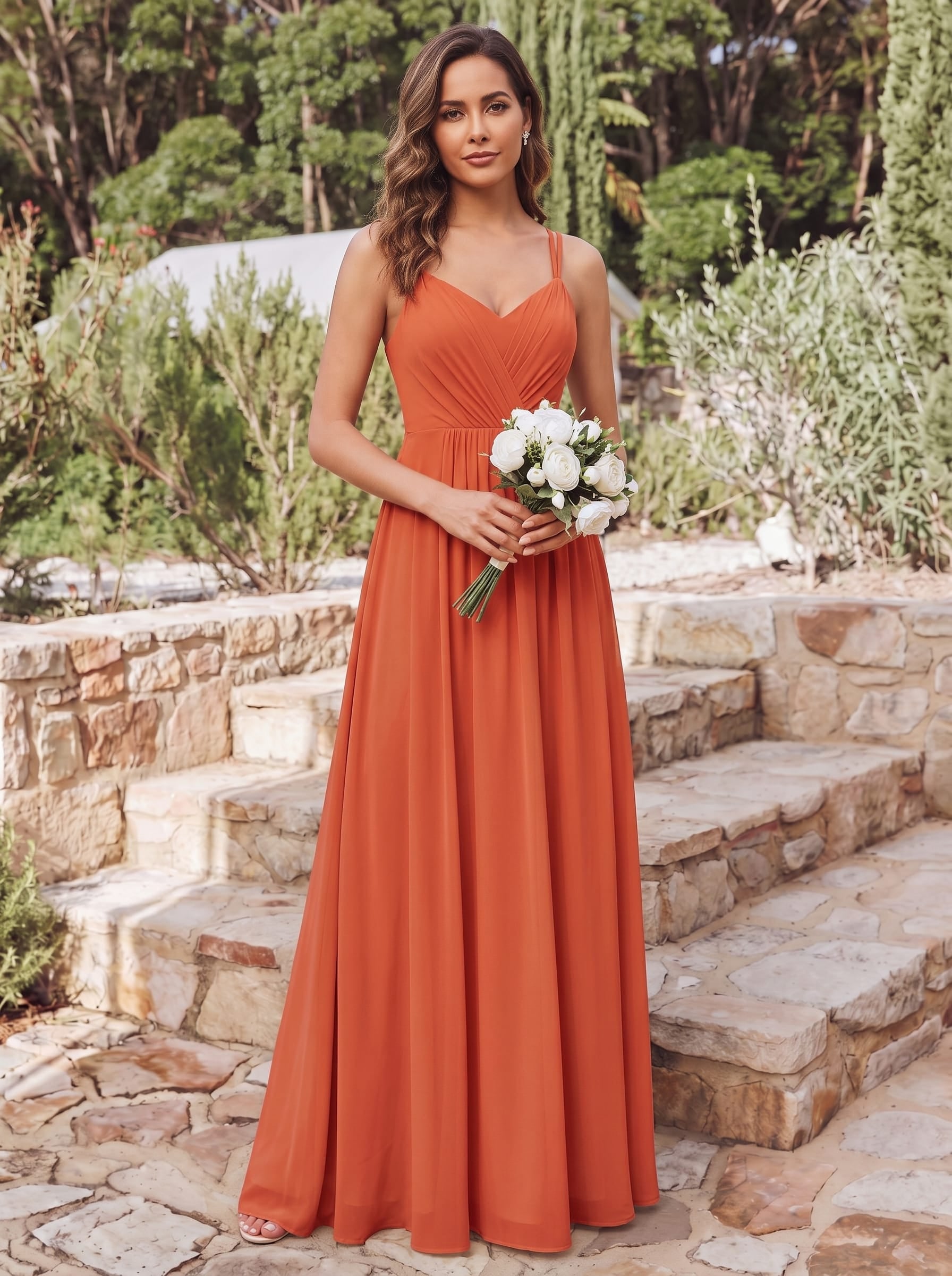 Chiffon and Lace Open Back Bridesmaid Dress with Spaghetti Straps #color_Burnt Orange