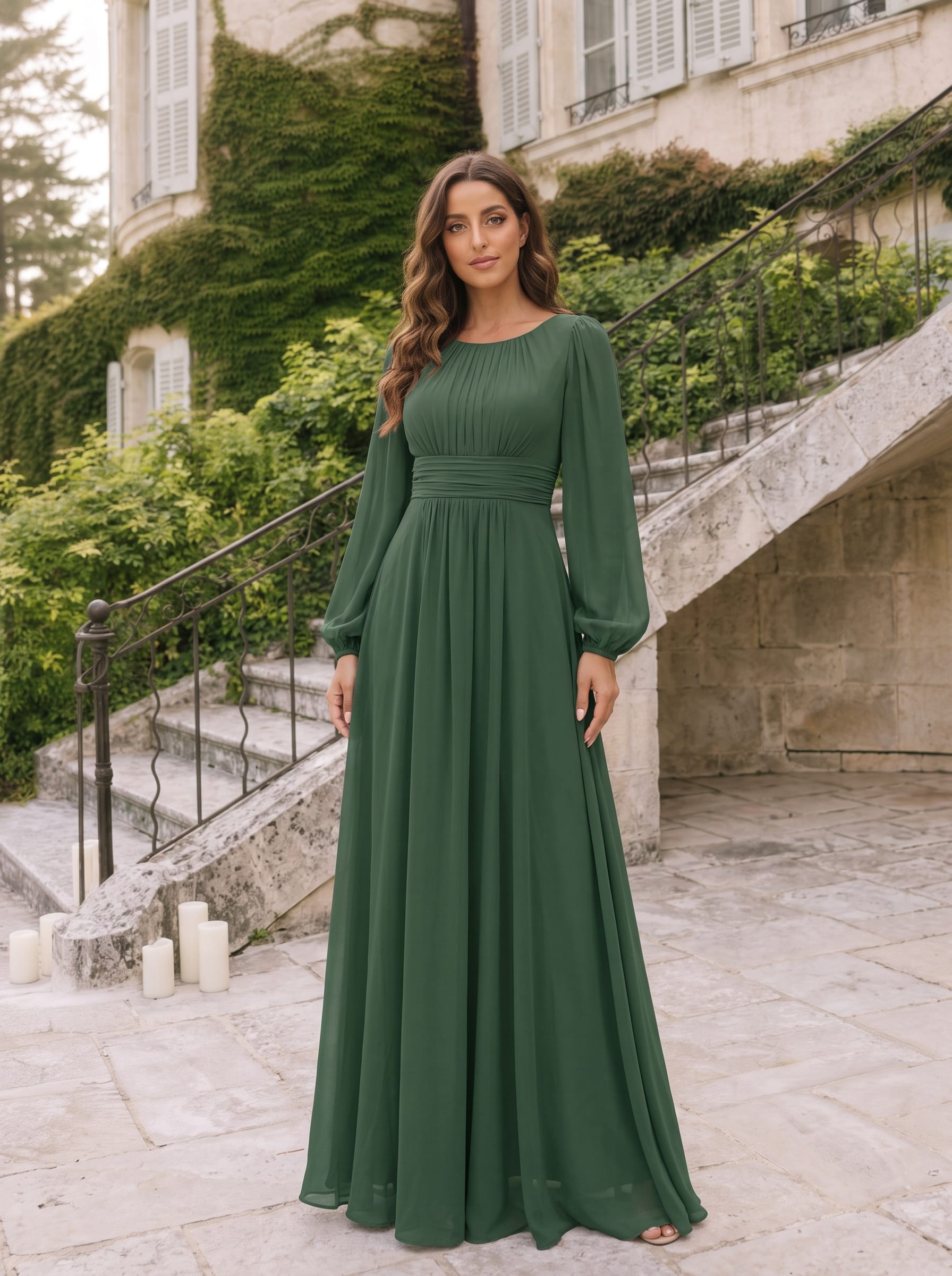 Chiffon Long Sleeve Pleated Floor Length Bridesmaid Dress #color_Eucalyptus Green