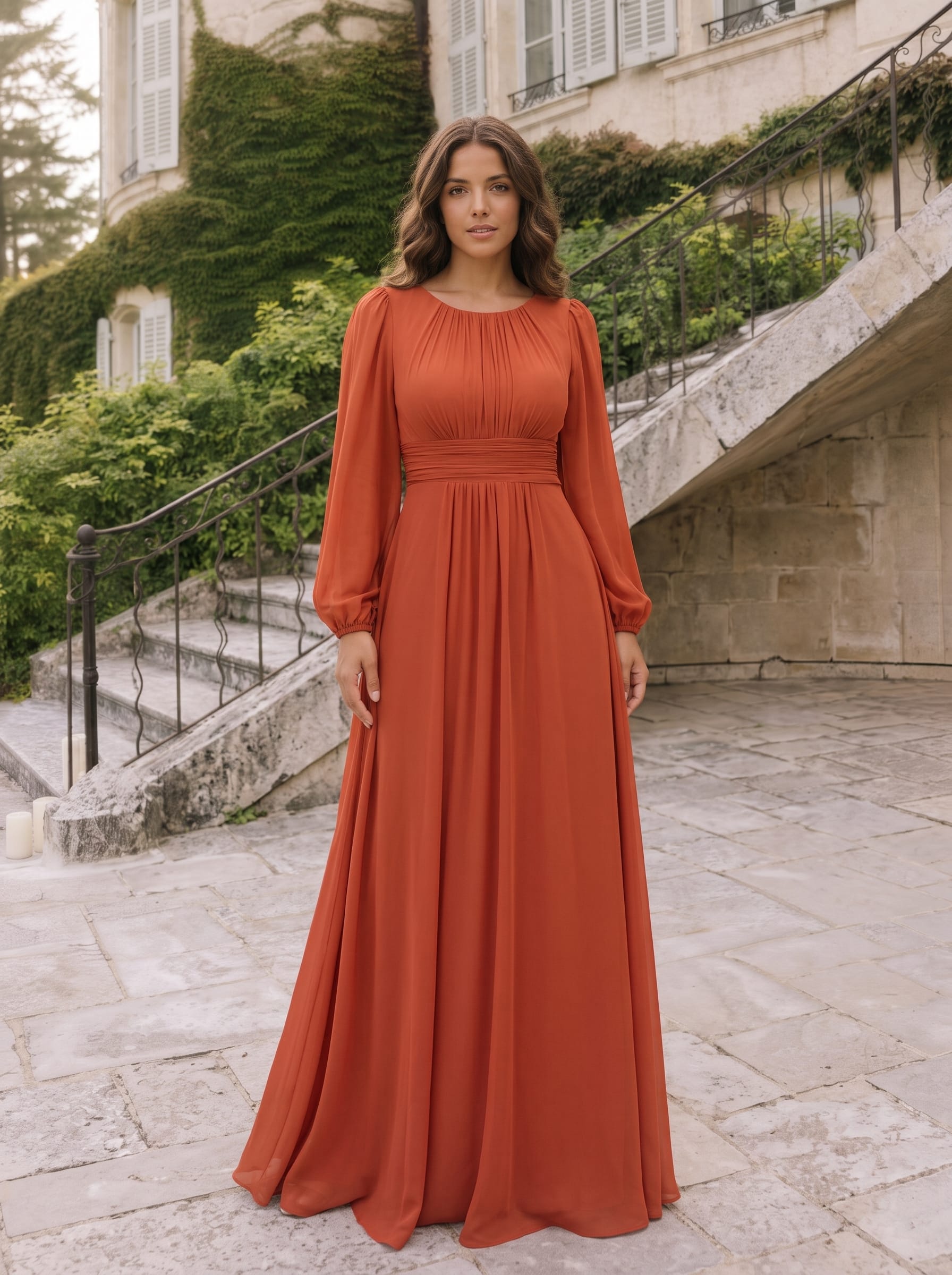 Chiffon Long Sleeve Pleated Floor Length Bridesmaid Dress #color_Burnt Orange