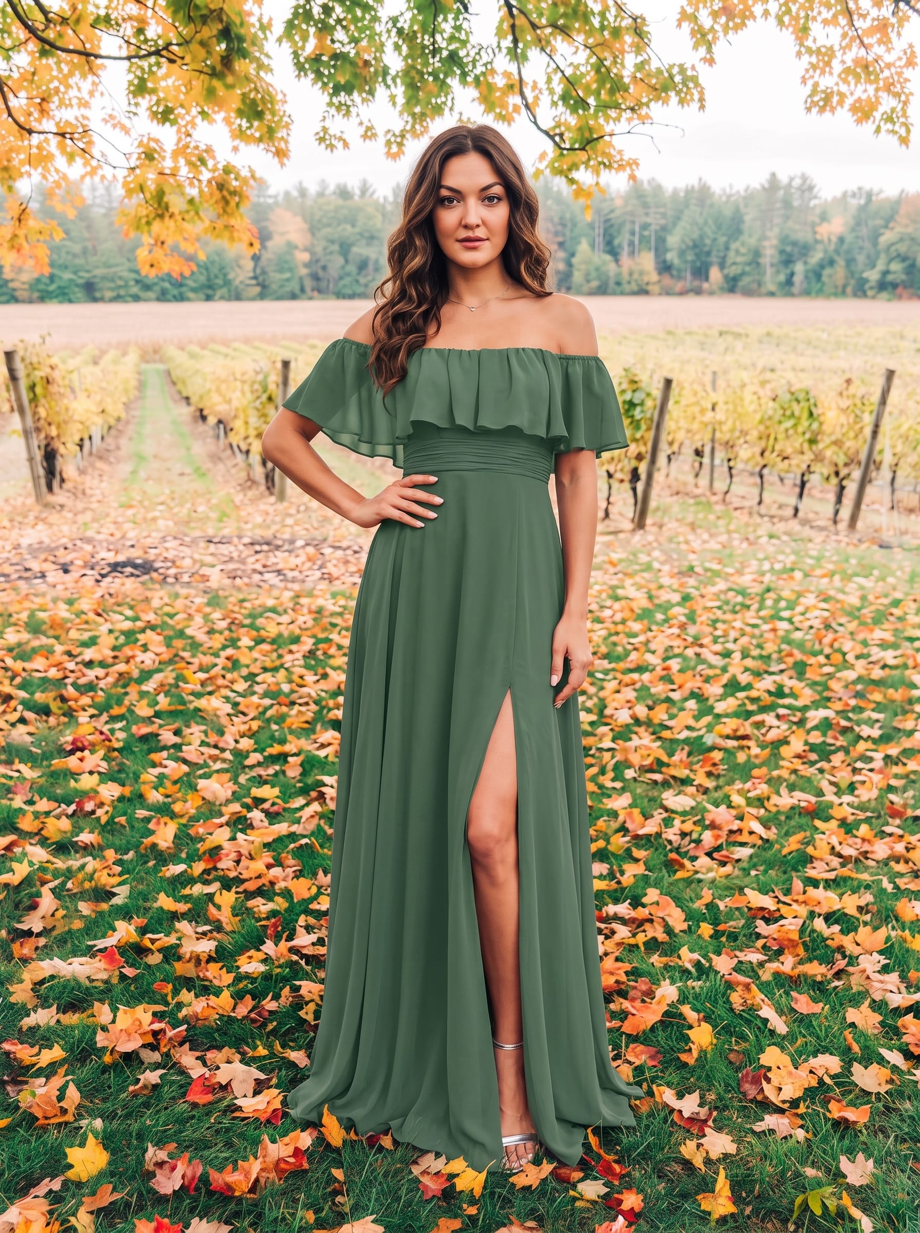 Women's Off-The-Shoulder Ruffle Thigh Split Bridesmaid Dresses #color_Eucalyptus Green