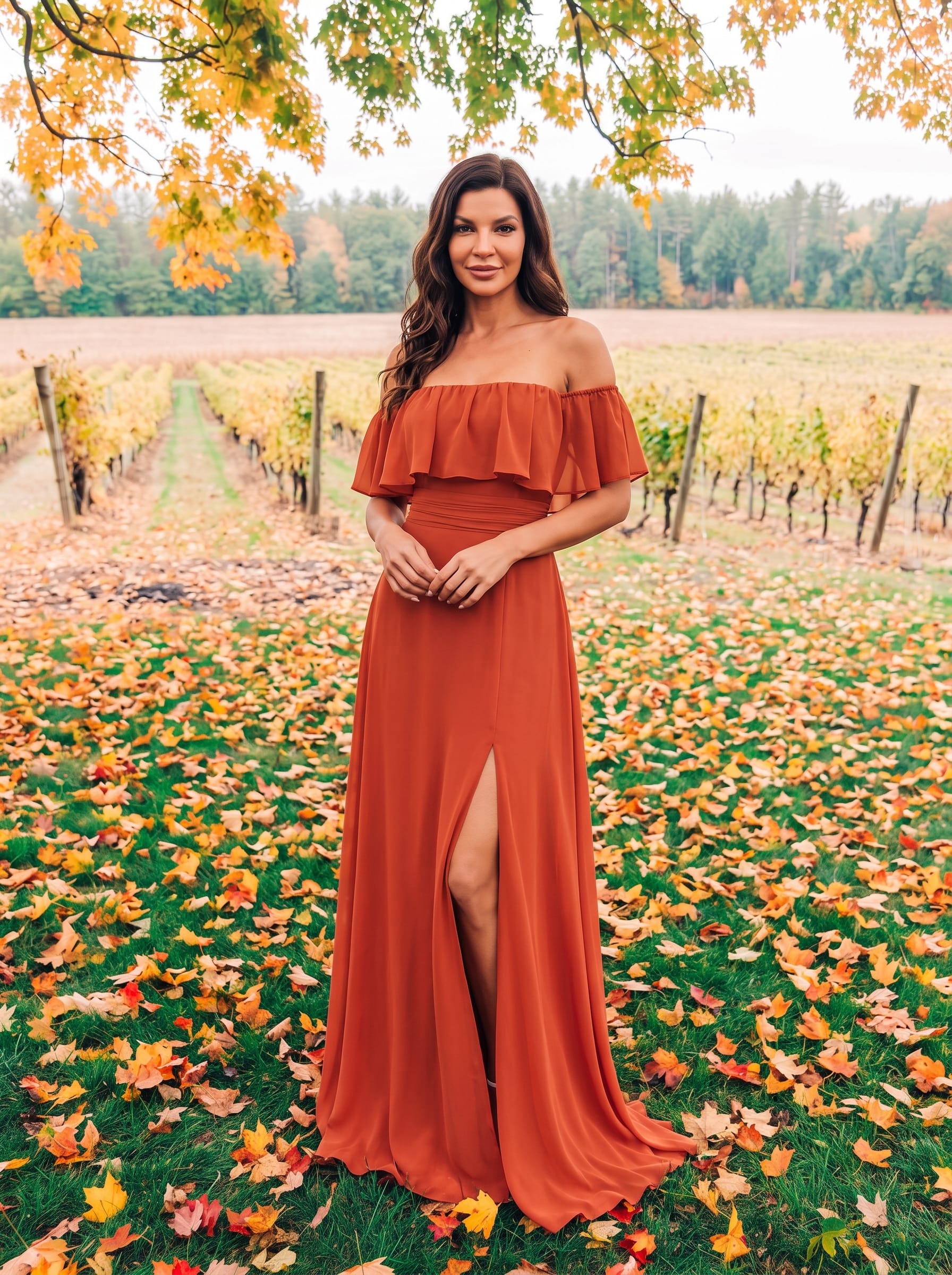 Women's Off-The-Shoulder Ruffle Thigh Split Bridesmaid Dresses #color_Burnt Orange