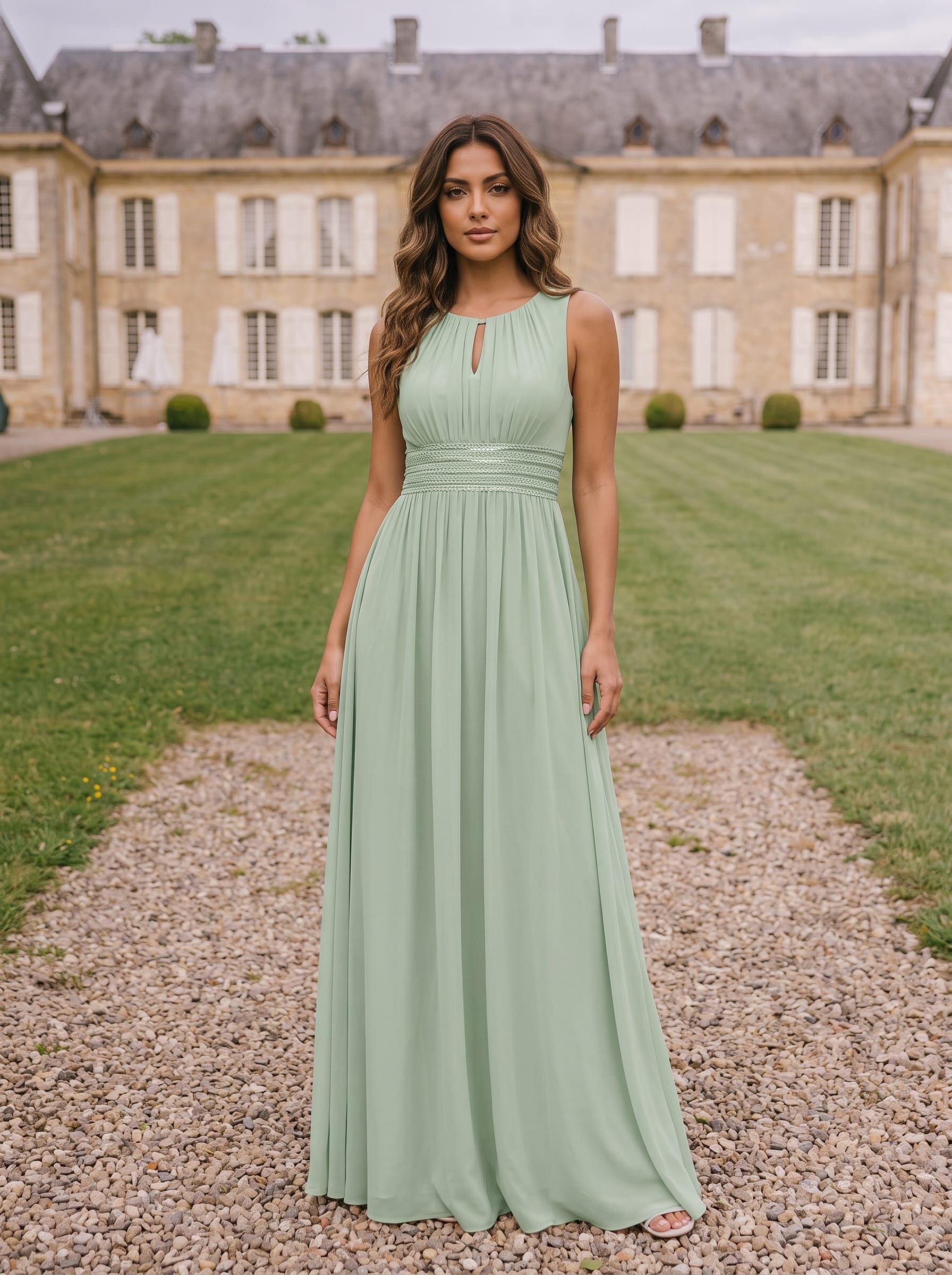 A-Line Chiffon Bridesmaid Dress with Sleeveless Round Neckline and Pleats #color_Mint Green