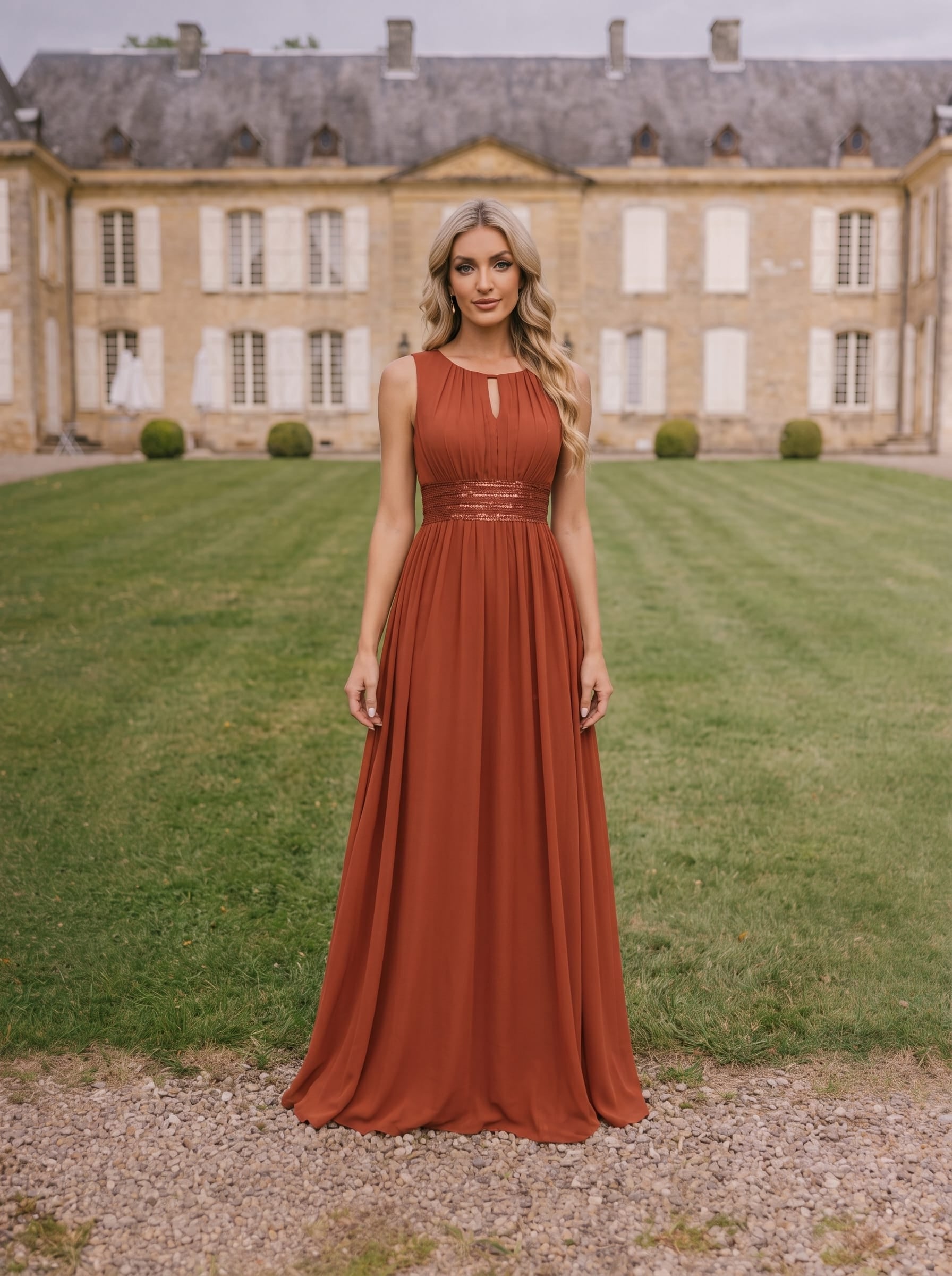 A-Line Chiffon Bridesmaid Dress with Sleeveless Round Neckline and Pleats #color_Burnt Orange