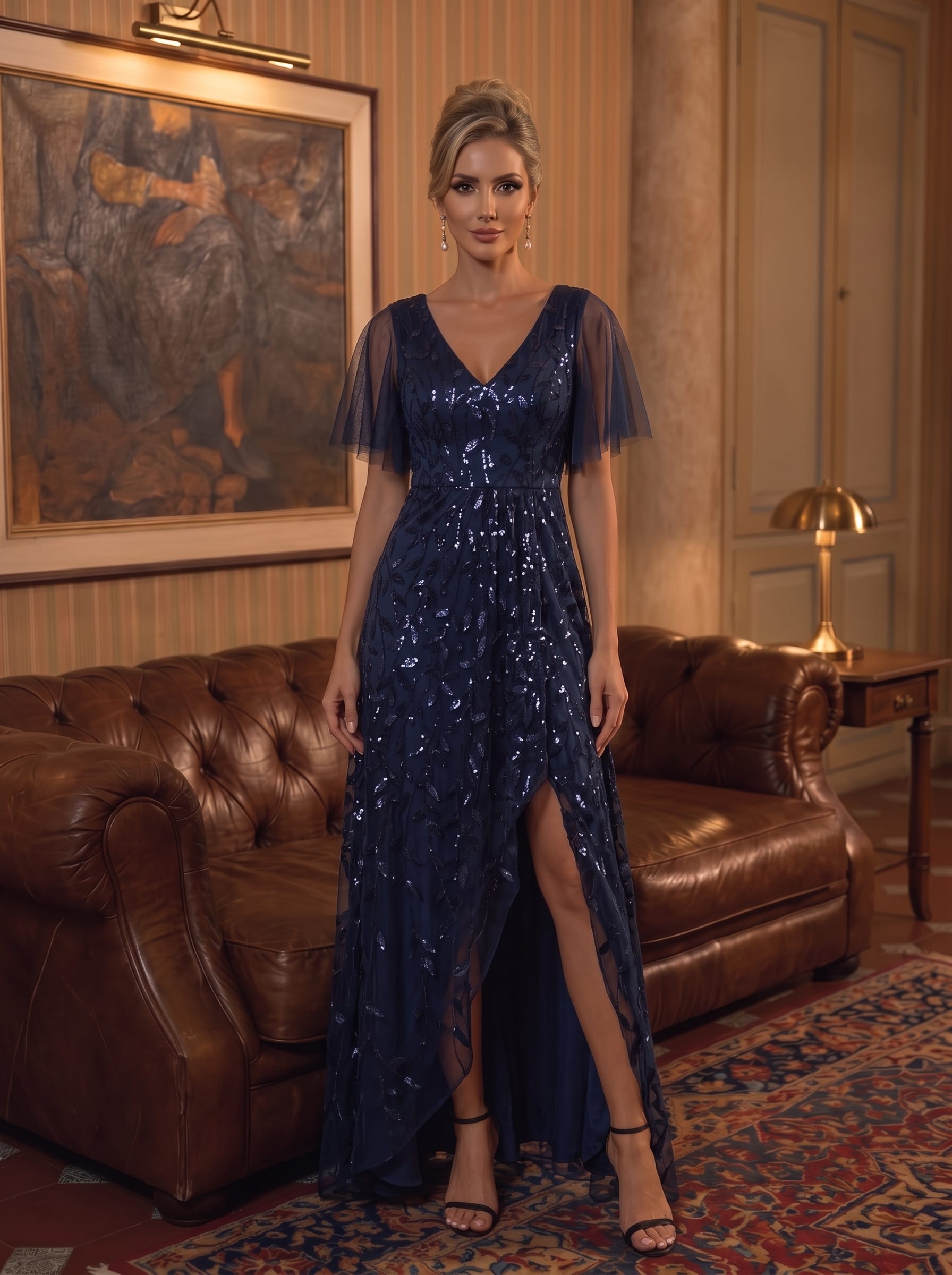 V-Neck Sequined Evening Dresses with High Slit #color_Navy Blue