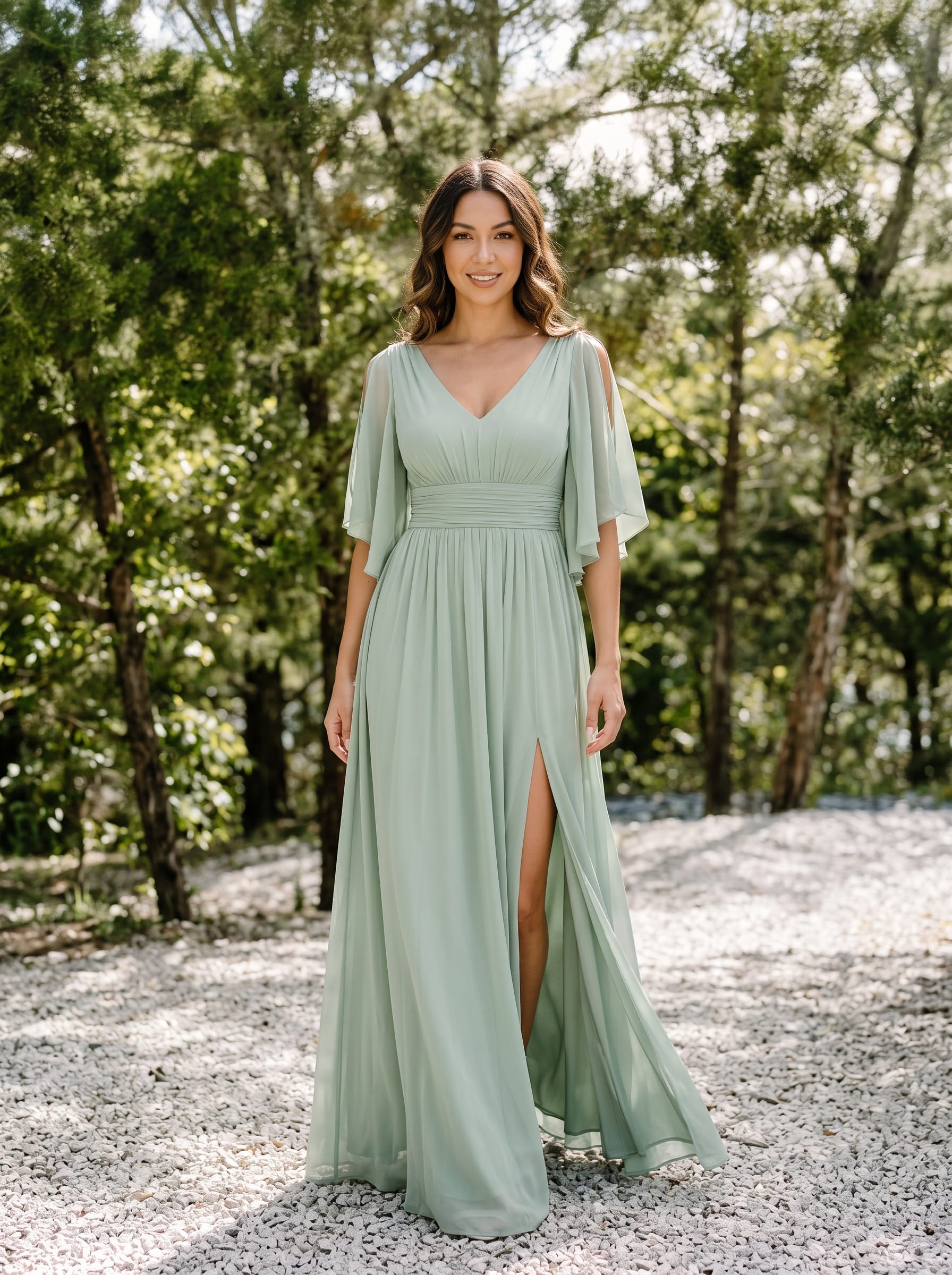 Chiffon A-Line Half Sleeves High Slit Bridesmaid Dress #color_Mint Green