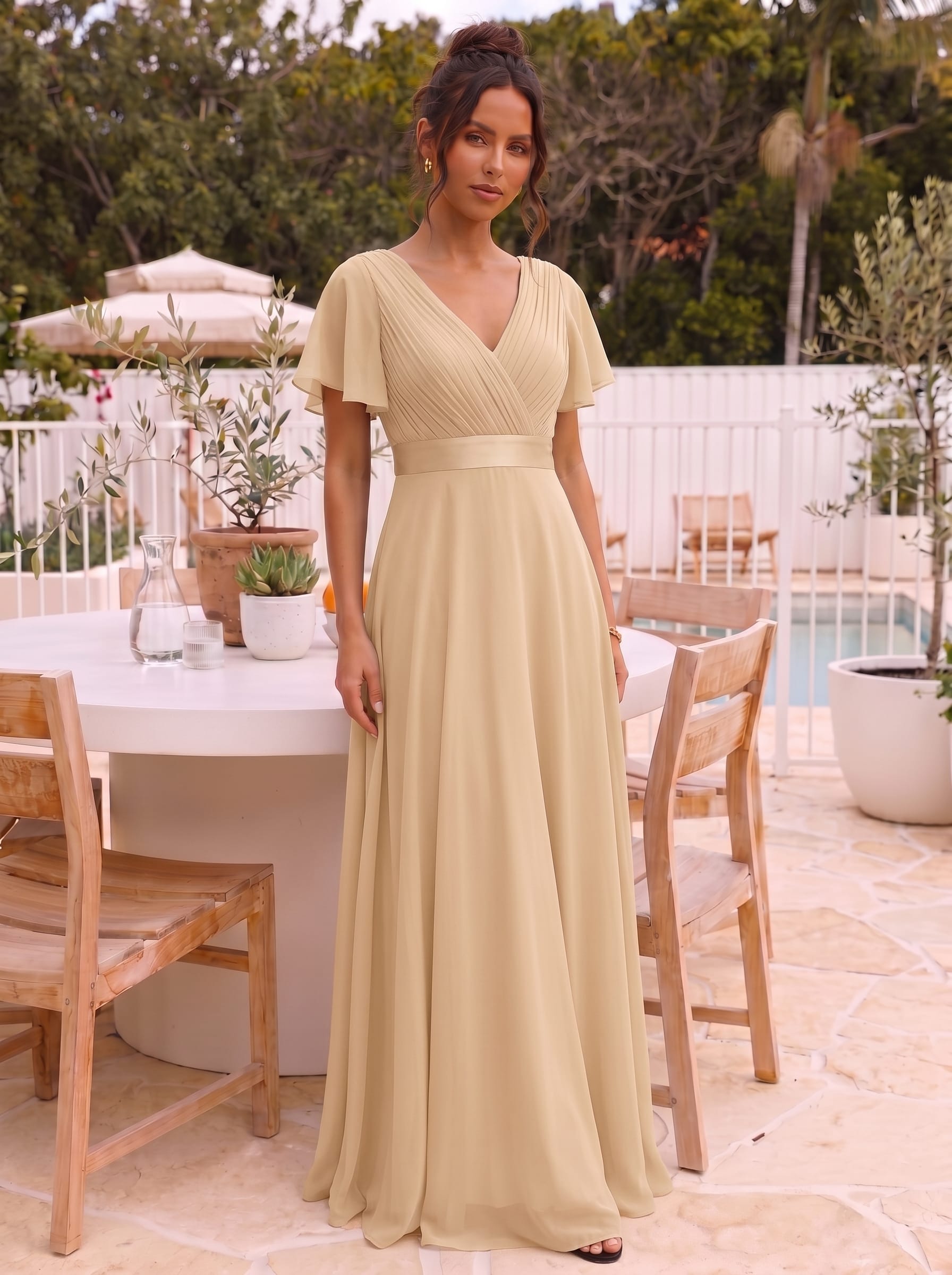 High Waist Short Sleeves Bridesmaid Dress #color_Champagne