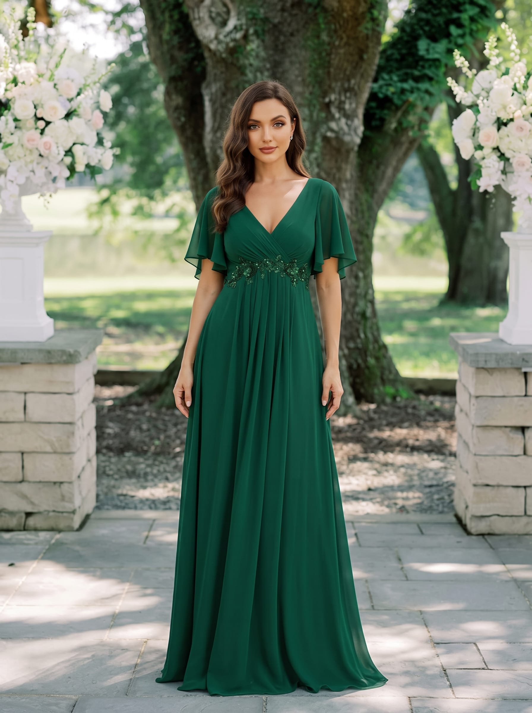 Elegant Chiffon Applique Evening Dress with Flutter Sleeves #color_Dark Green