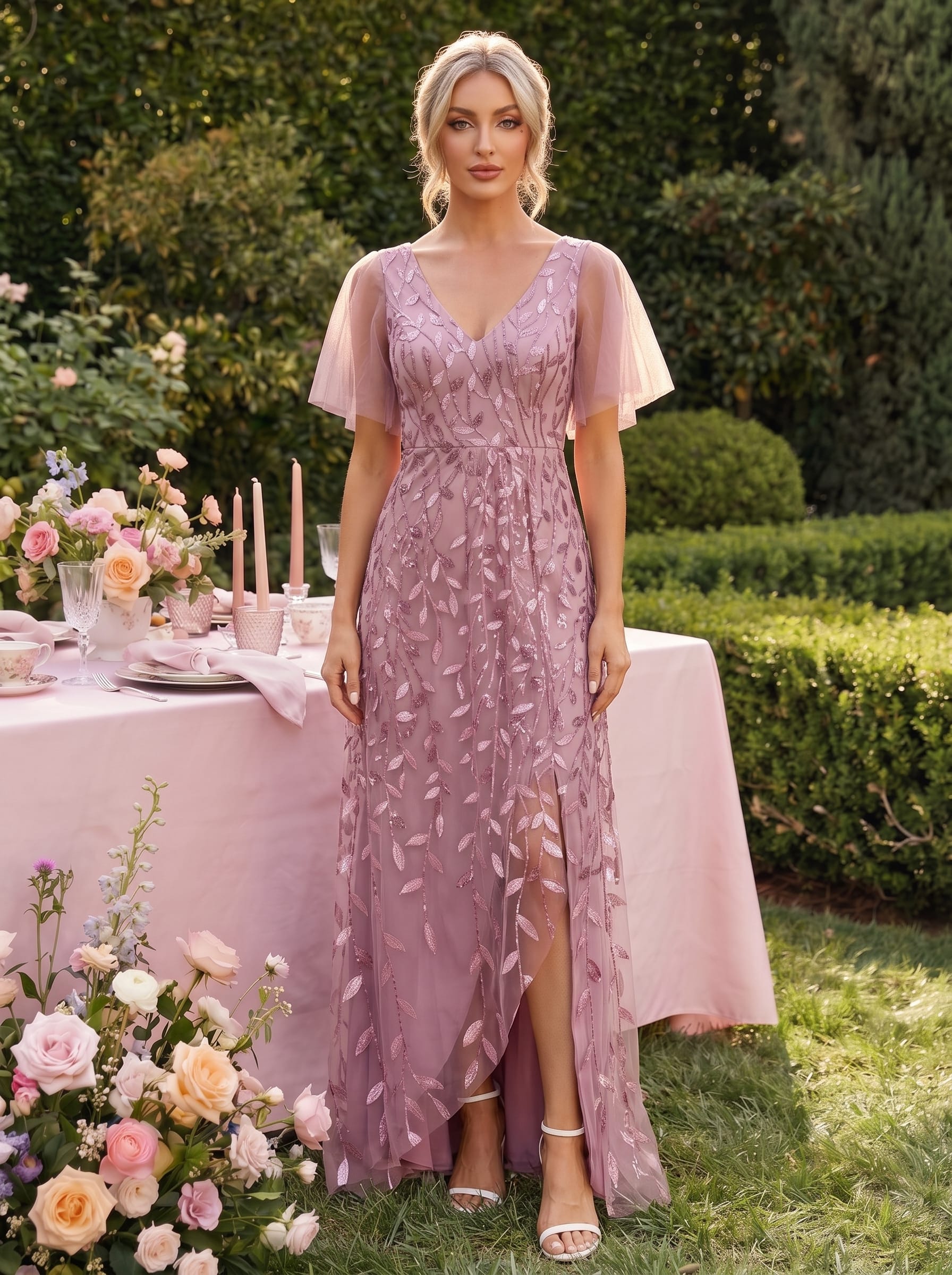 V-Neck Sequined Evening Dresses with High Slit #color_Purple Orchid