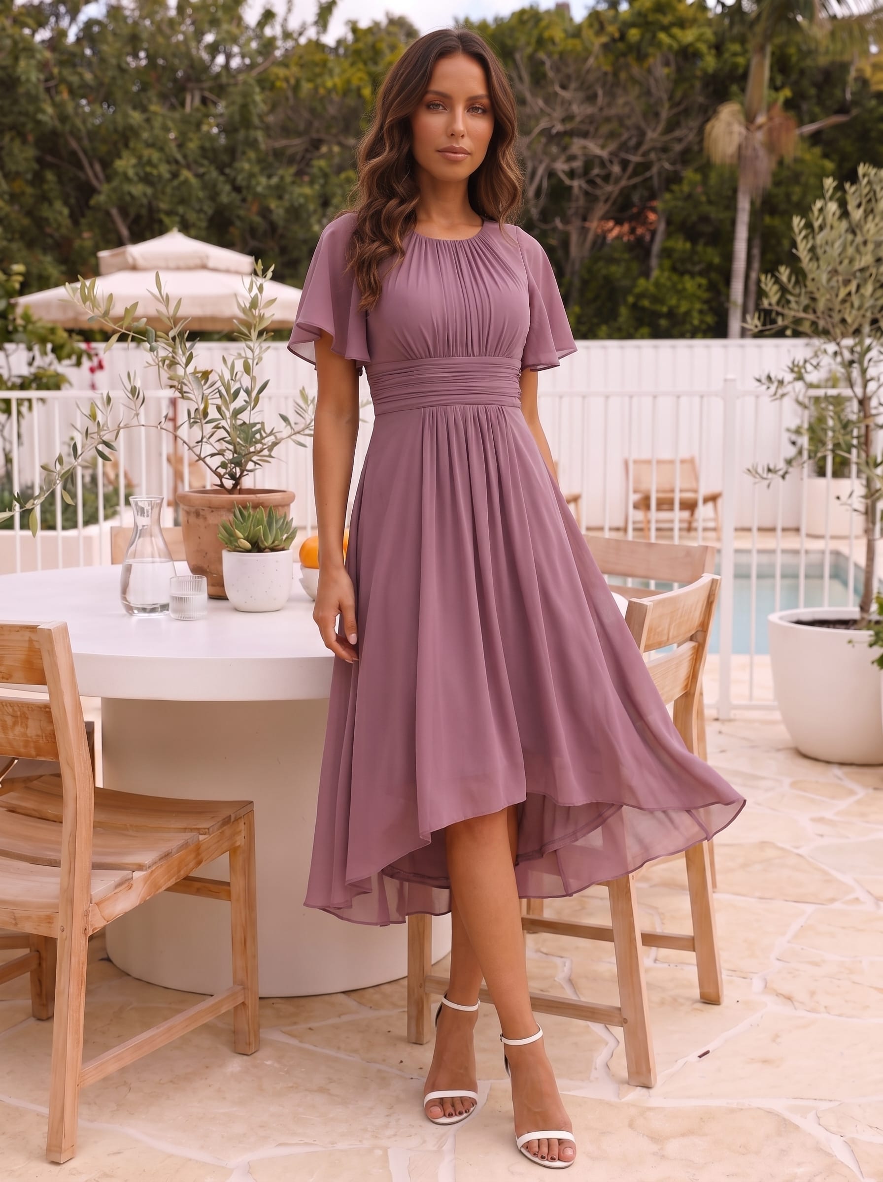 Flowy Chiffon Round Neckline A-Line Knee Length Wedding Guest Dress #color_Purple Orchid