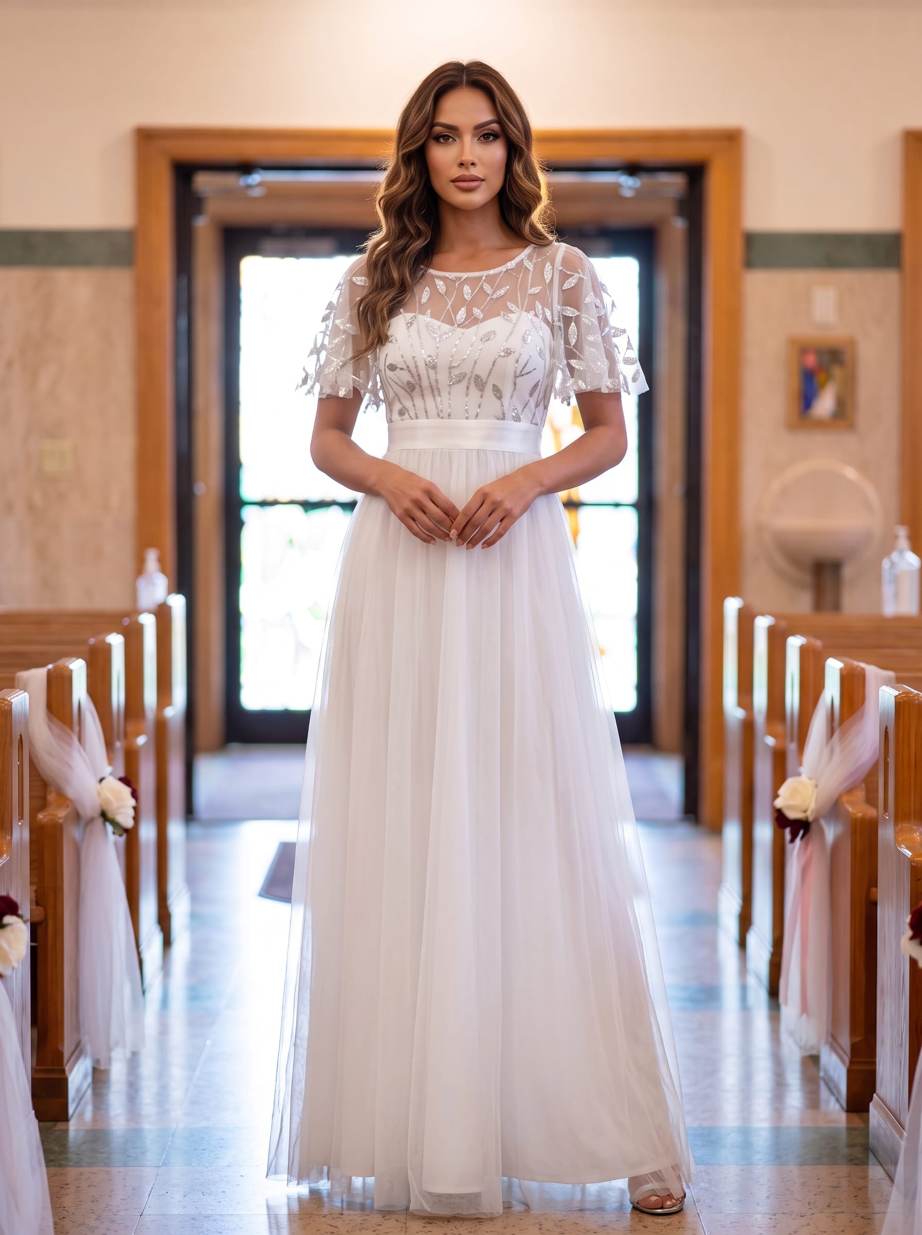 Women's A-Line Short Sleeve Embroidery Floor Length Wedding Guest Dresses #color_White