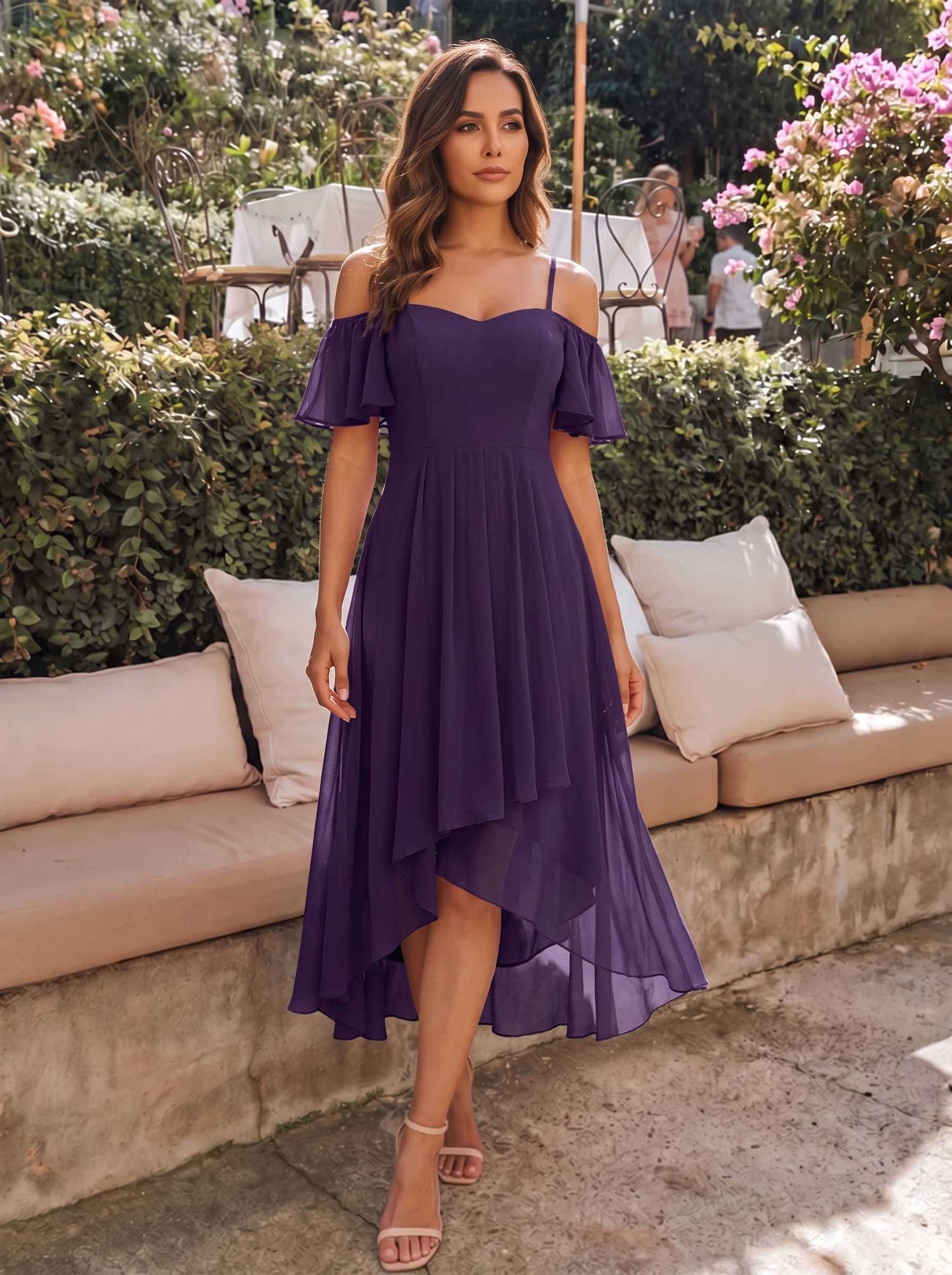 One-Shoulder High-Low Chiffon Bridesmaid Dresses with Short Sleeves #color_Dark Purple