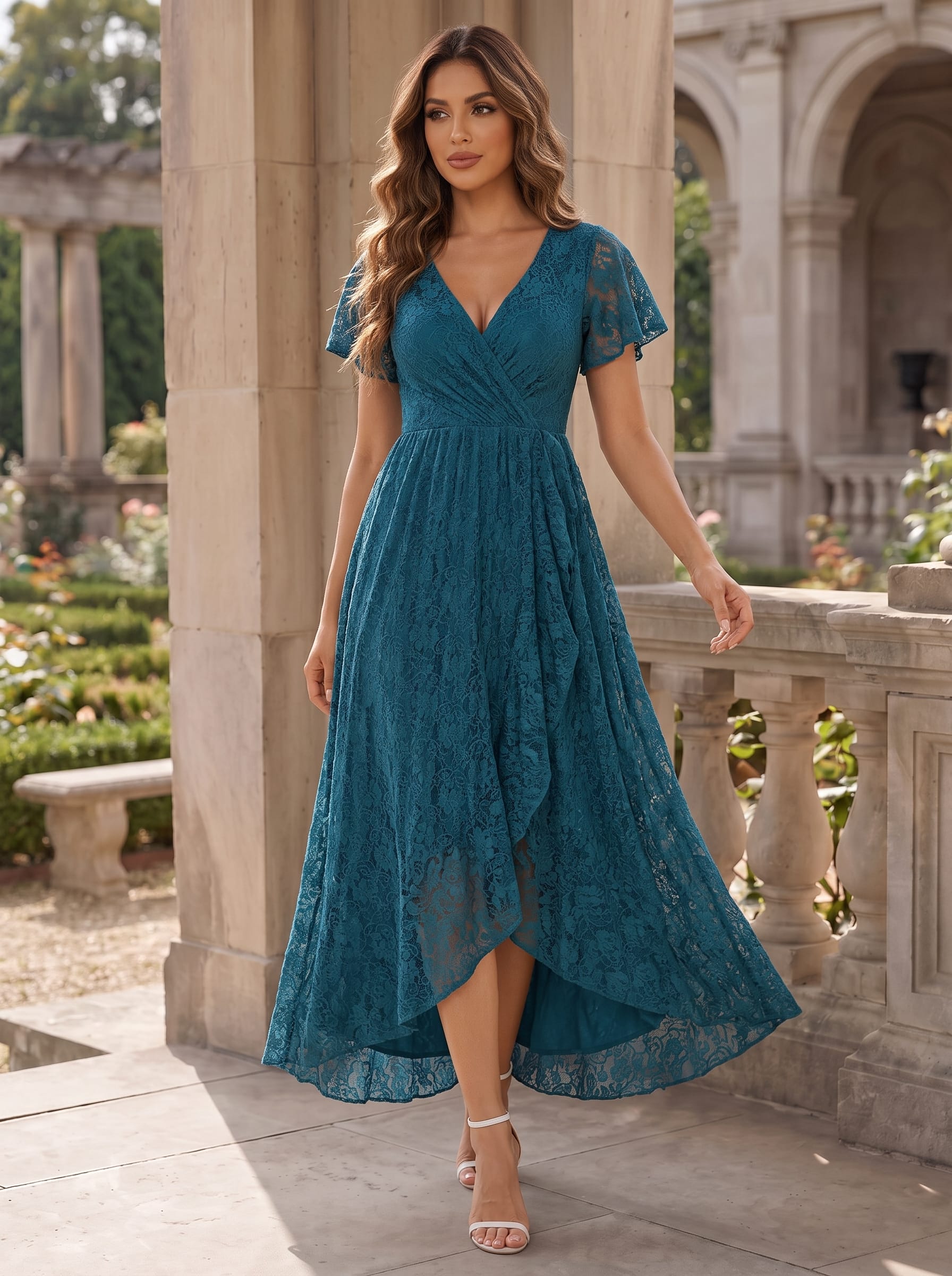 V-Neck Short Sleeve Pleated Ruffled Lace Evening Dress #Color_Teal