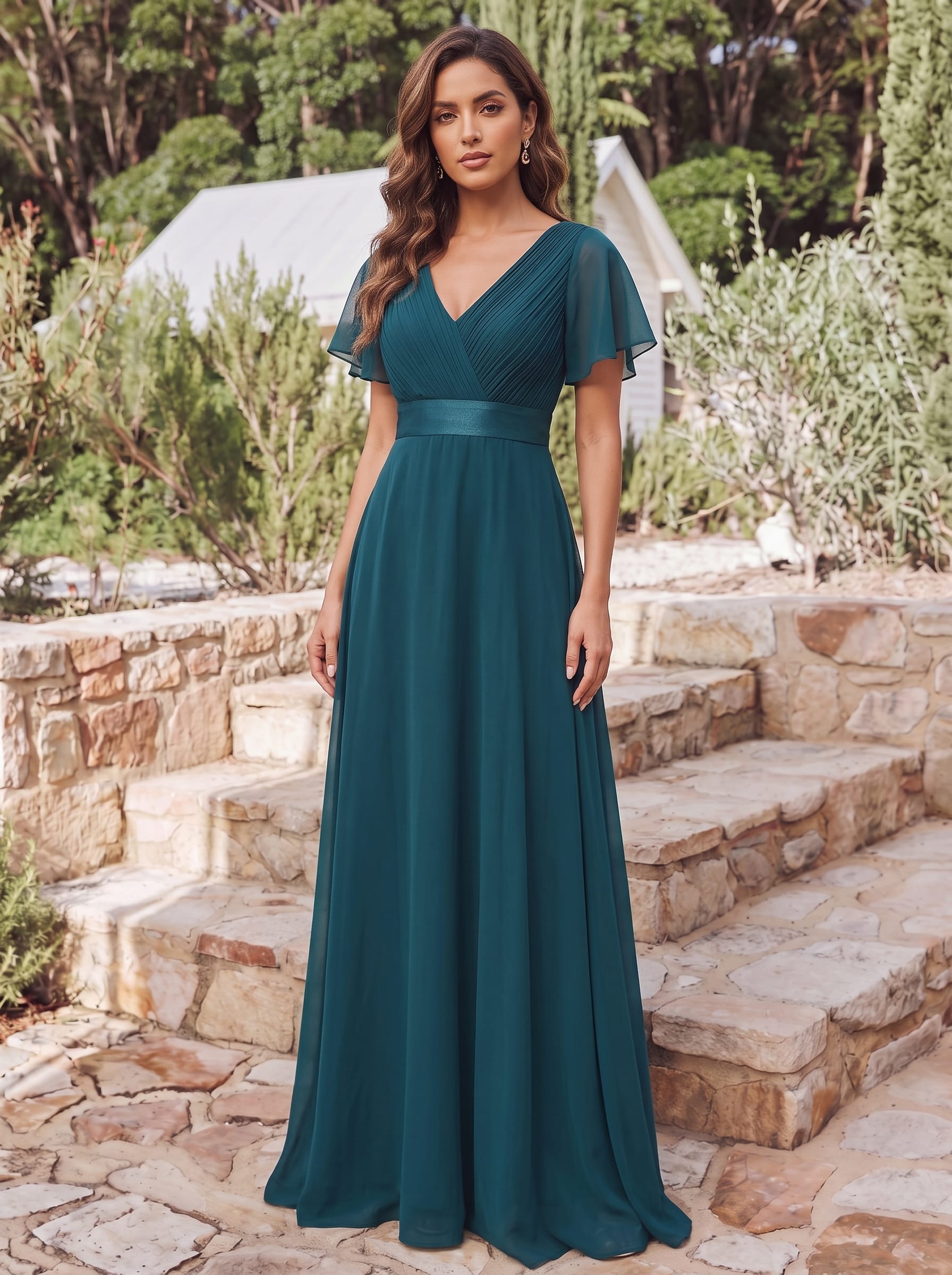 High Waist Maxi Chiffon Bridesmaid Dress with Short Sleeves #color_Teal