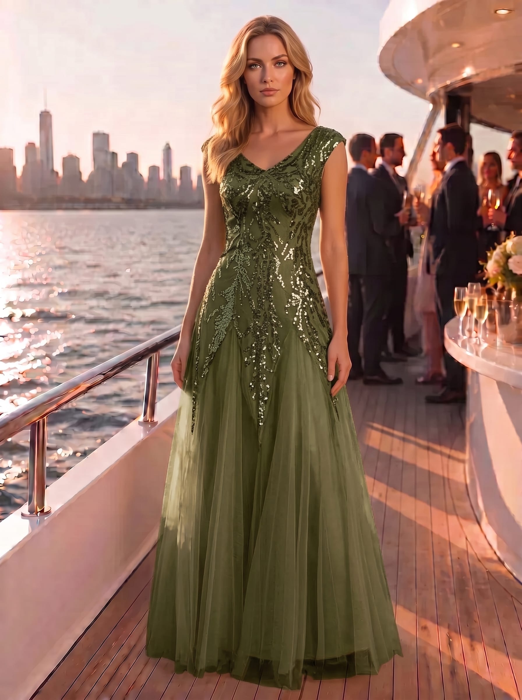 Embroidered Sequin Cap Sleeve Dress #color_Olive Green