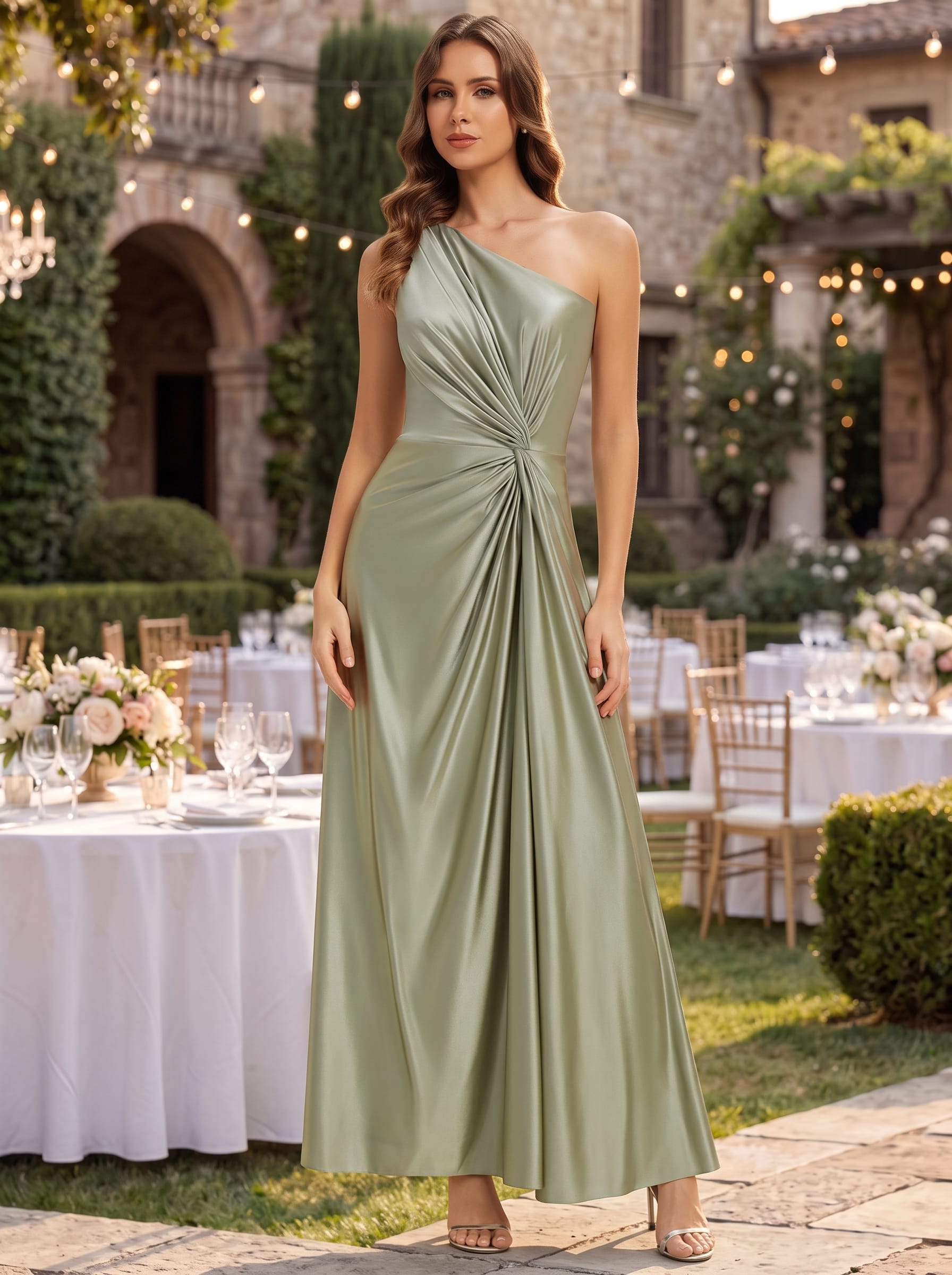 Knotted Satin Sleeveless Dress #color_Sage Green