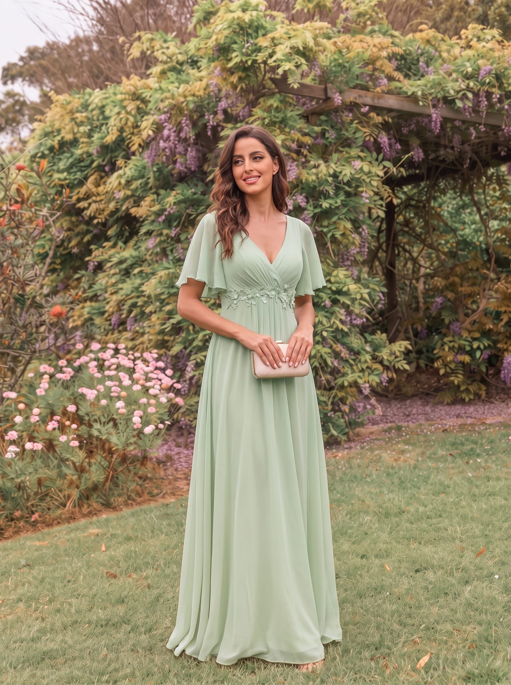 Elegant Chiffon Applique Evening Dress with Flutter Sleeves #color_Mint Green