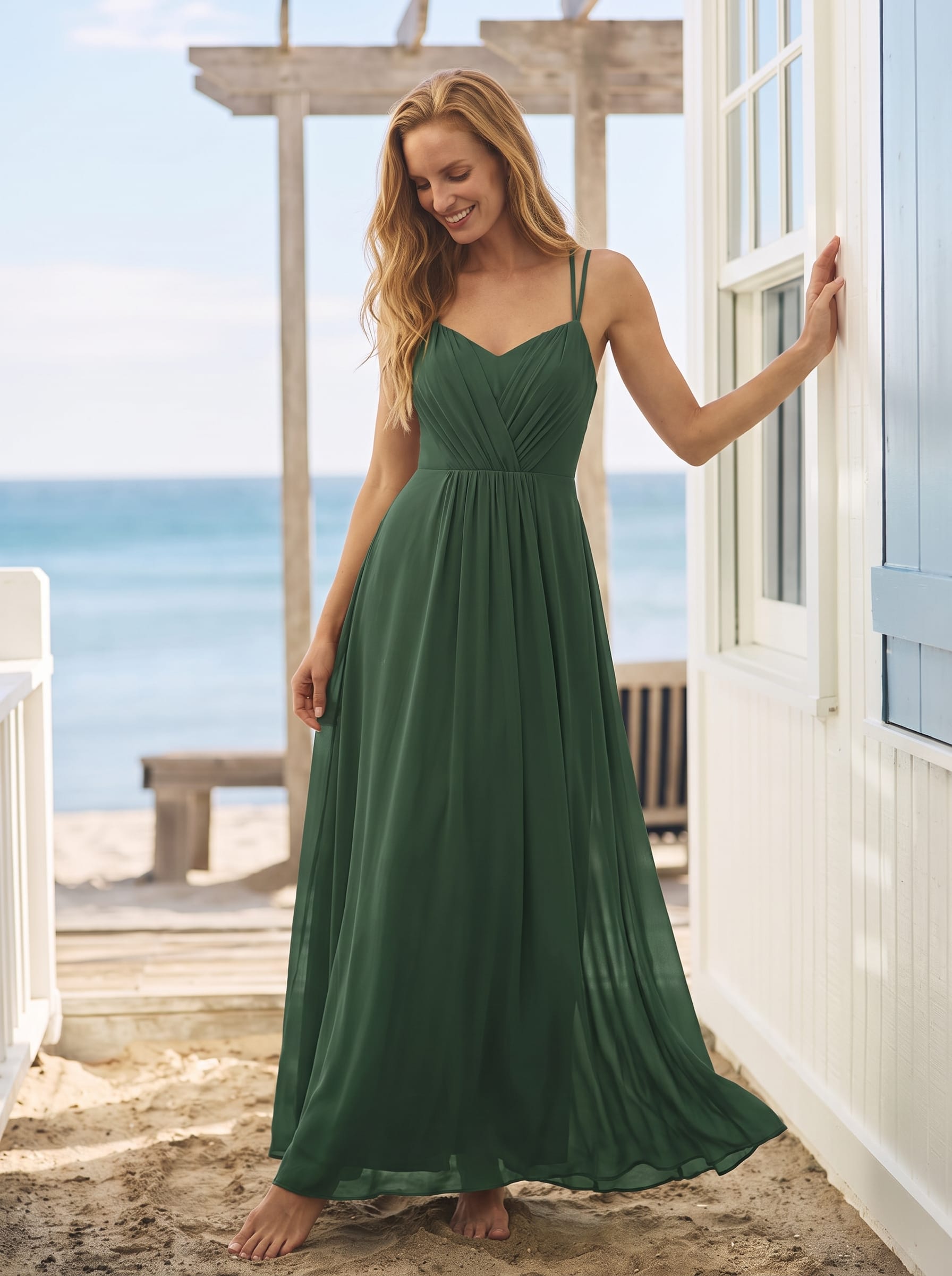 Chiffon and Lace Open Back Bridesmaid Dress with Spaghetti Straps #color_Eucalyptus Green