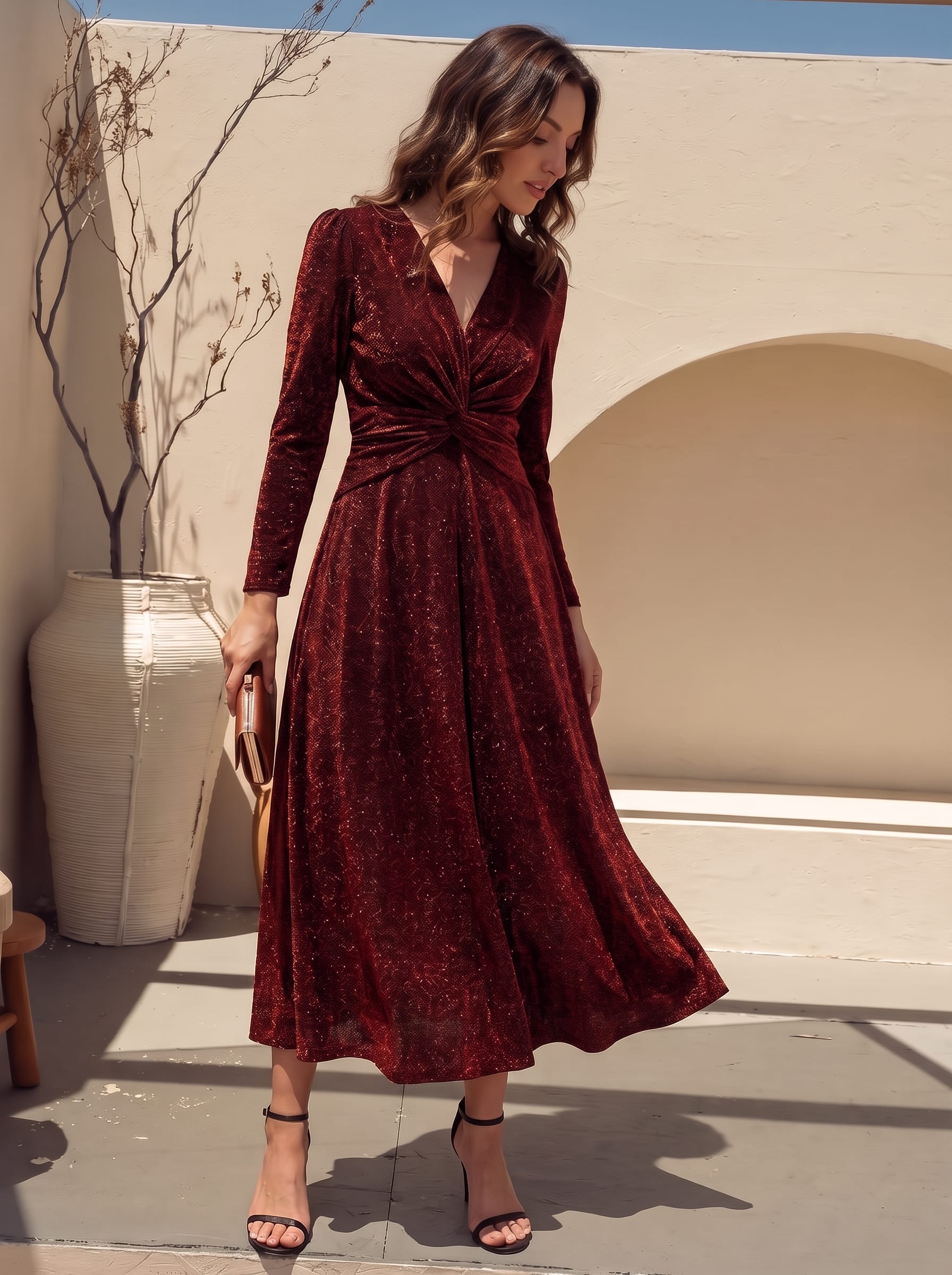 Knotted Knit Fitted Sleeve Dress #color_Burgundy
