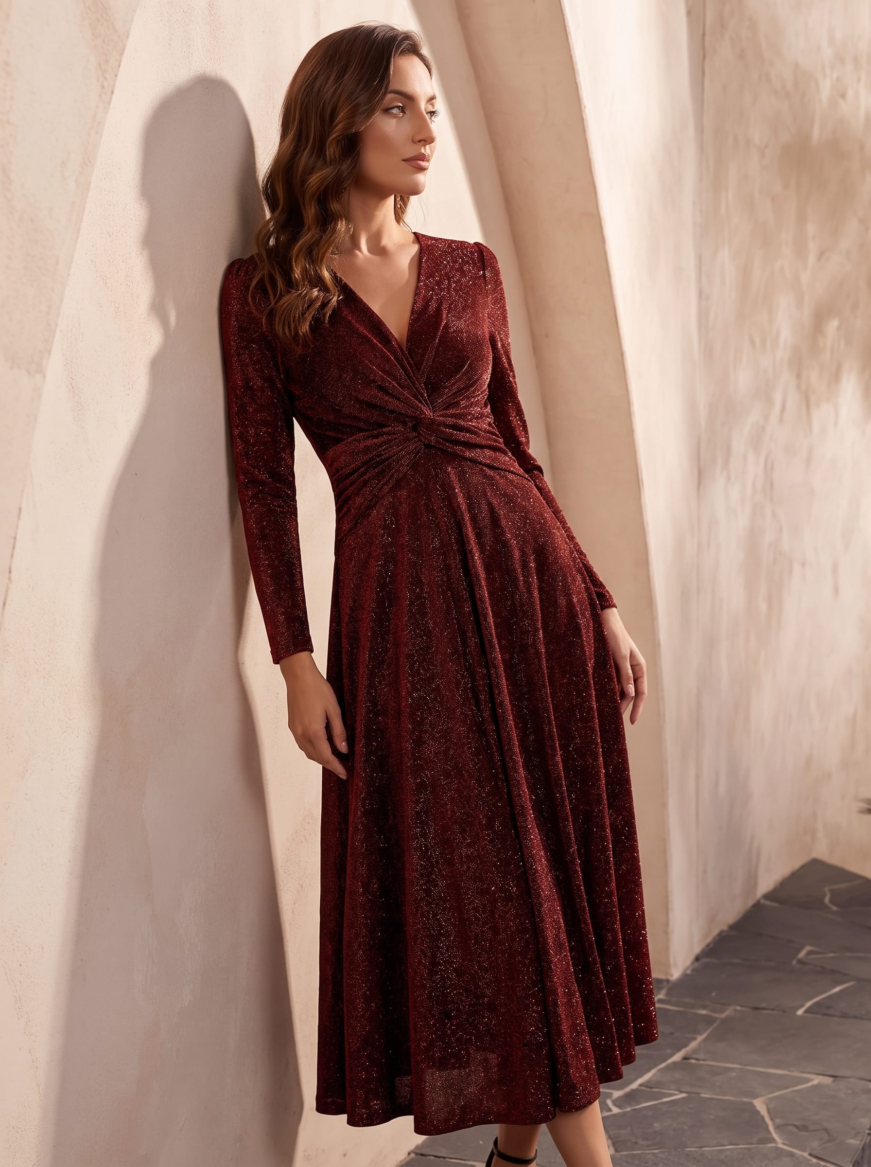 Knotted Knit Fitted Sleeve Dress #color_Burgundy