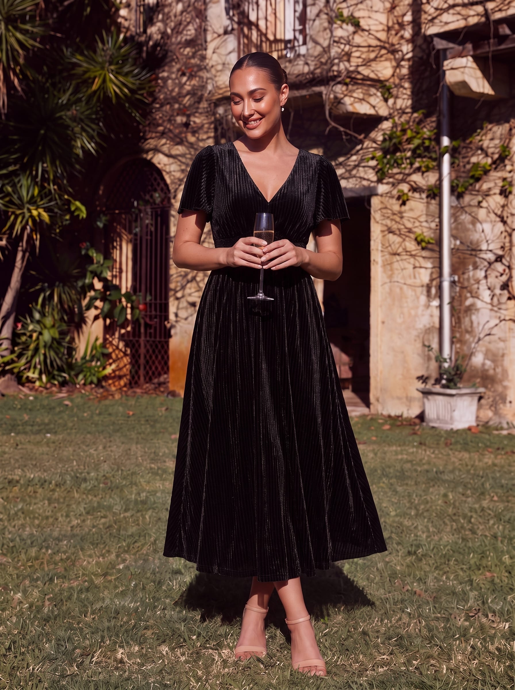 Striped Velvet Flutter Sleeves V-Neck Midi Evening Dress #color_Black
