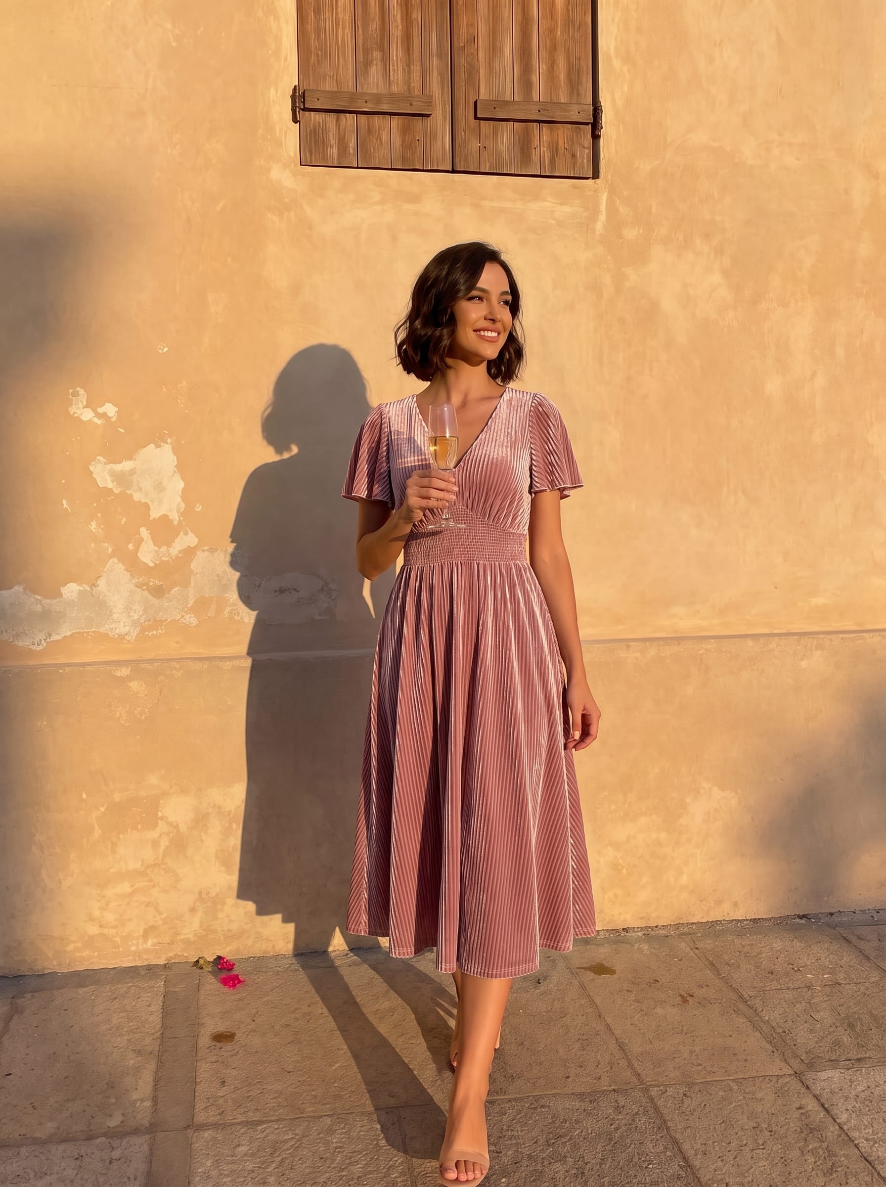 Striped Velvet Flutter Sleeves V-Neck Midi Evening Dress #color_Purple Orchid