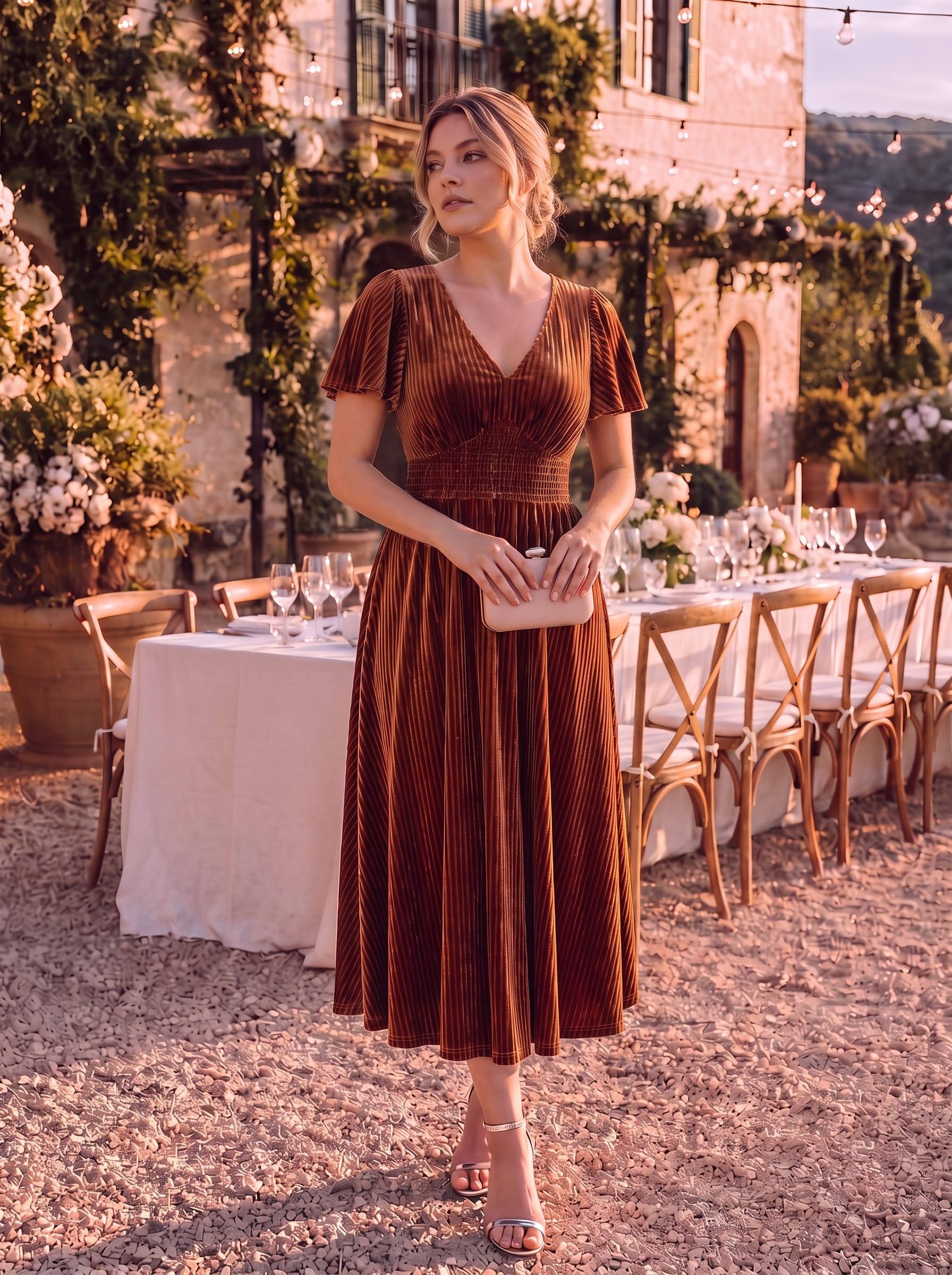 Striped Velvet Flutter Sleeves V-Neck Midi Evening Dress #color_Caramel
