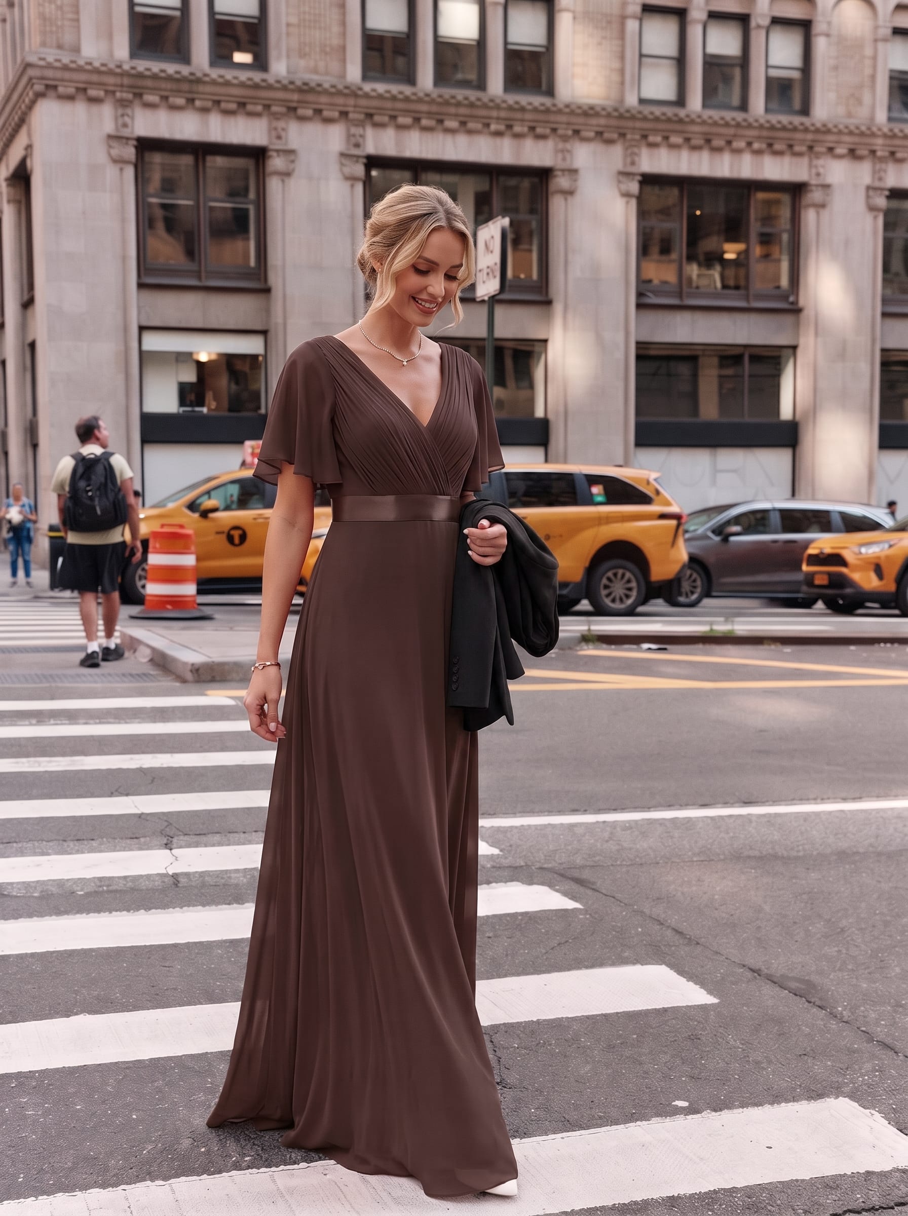 High Waist Short Sleeves Bridesmaid Dress #color_Espresso