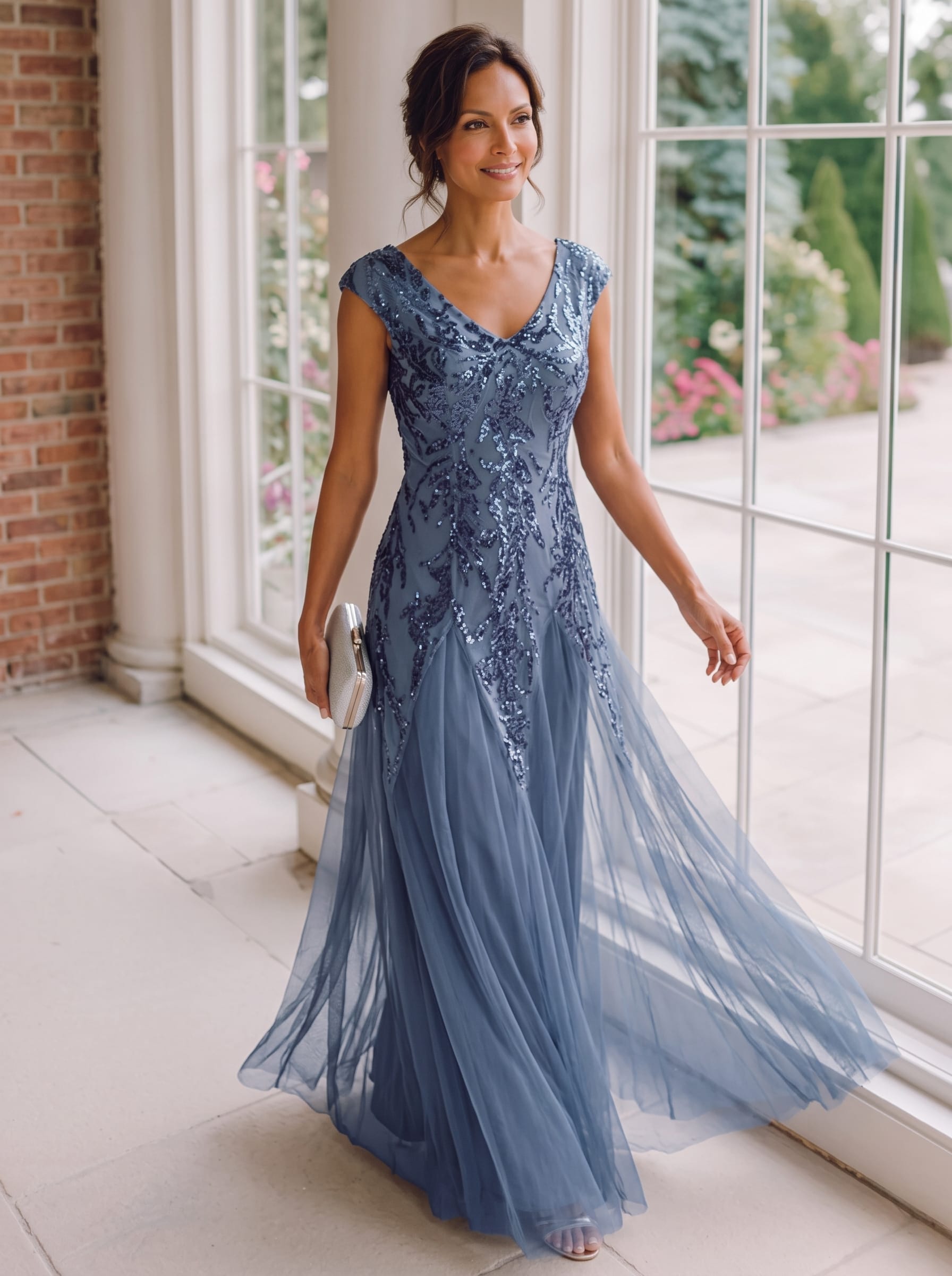 Embroidered Sequin Cap Sleeve Dress #color_Dusty Blue