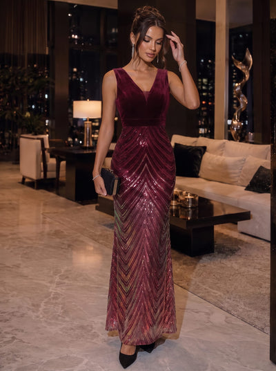 Ombre Sequin Mermaid Maxi Dress with V Neck