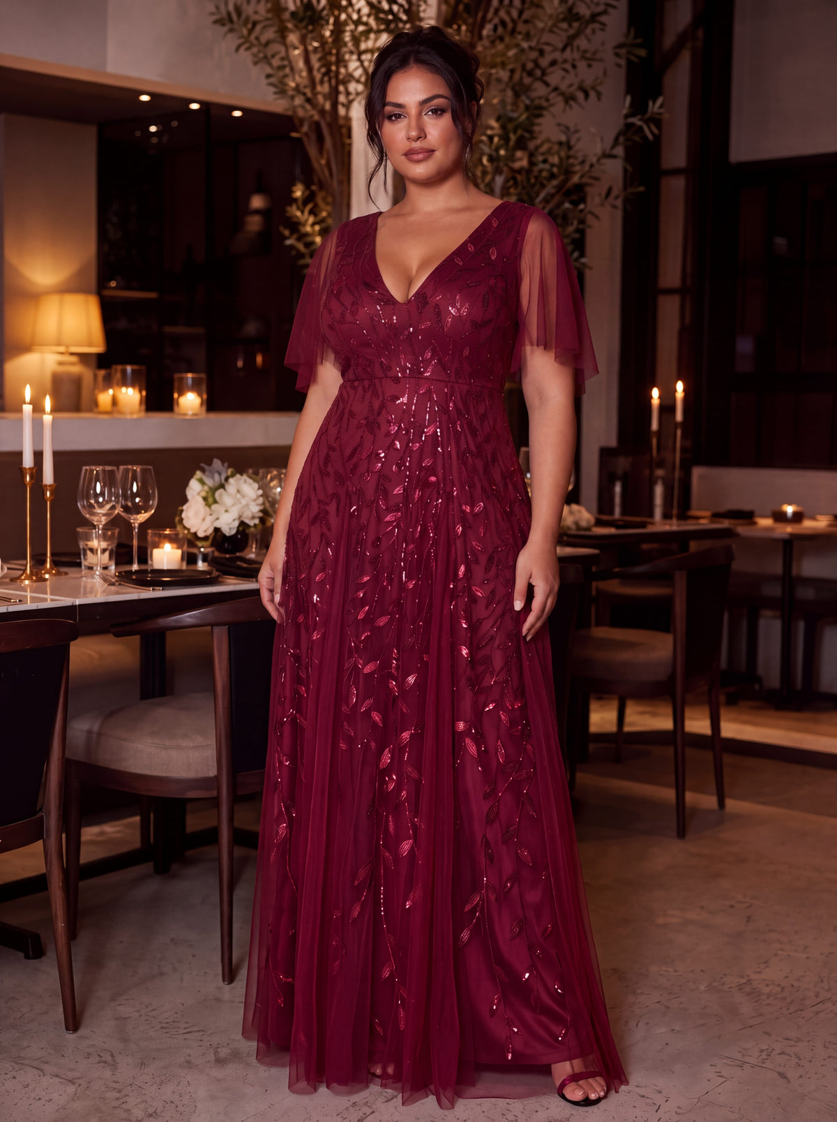 Plus Size romantic shimmery v neck ruffle sleeves evening gown #color_Burgundy