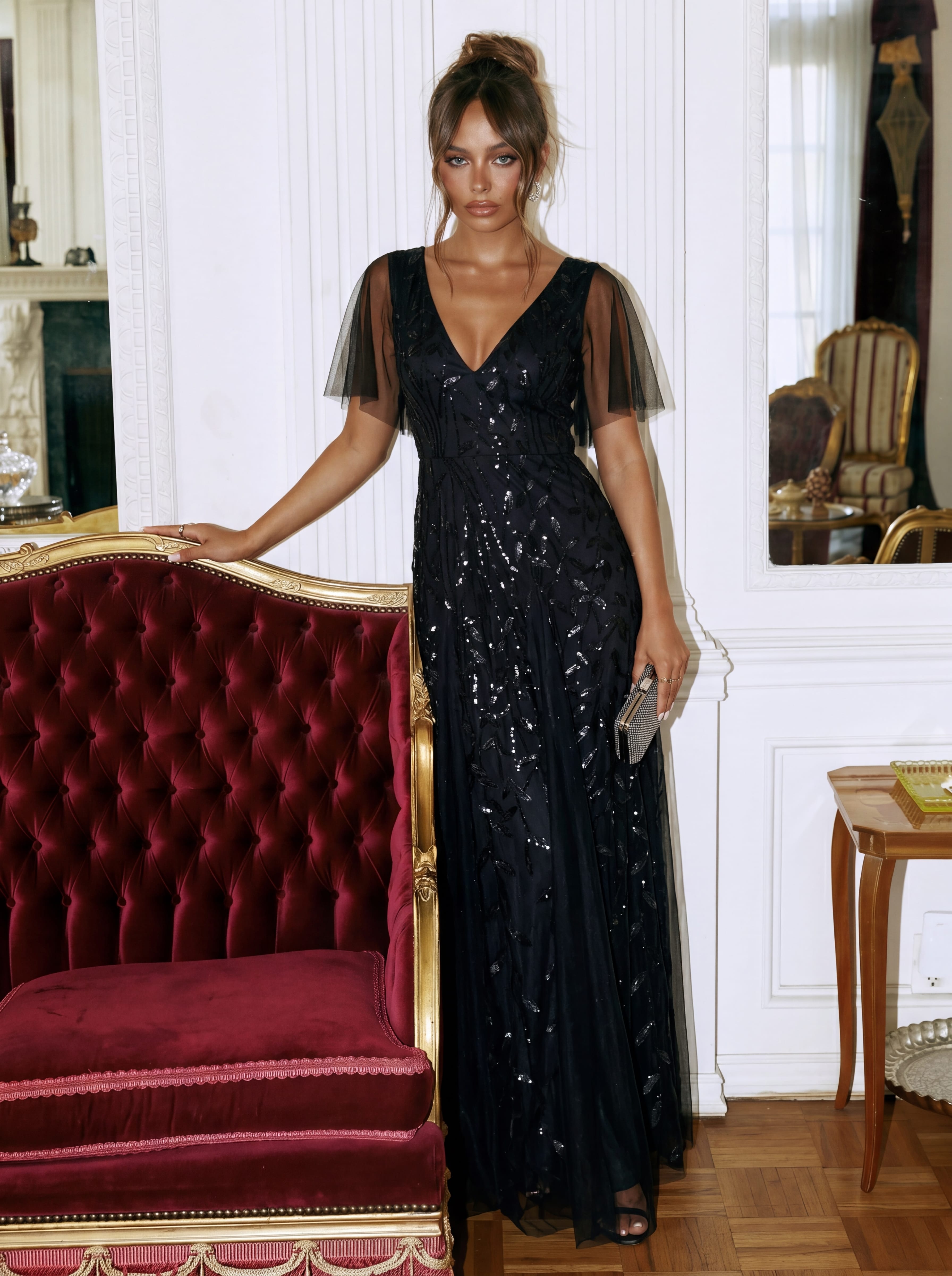 ever ASTRAL|Romantic Shimmery V Neck Ruffle Sleeves Maxi Long Evening Gowns