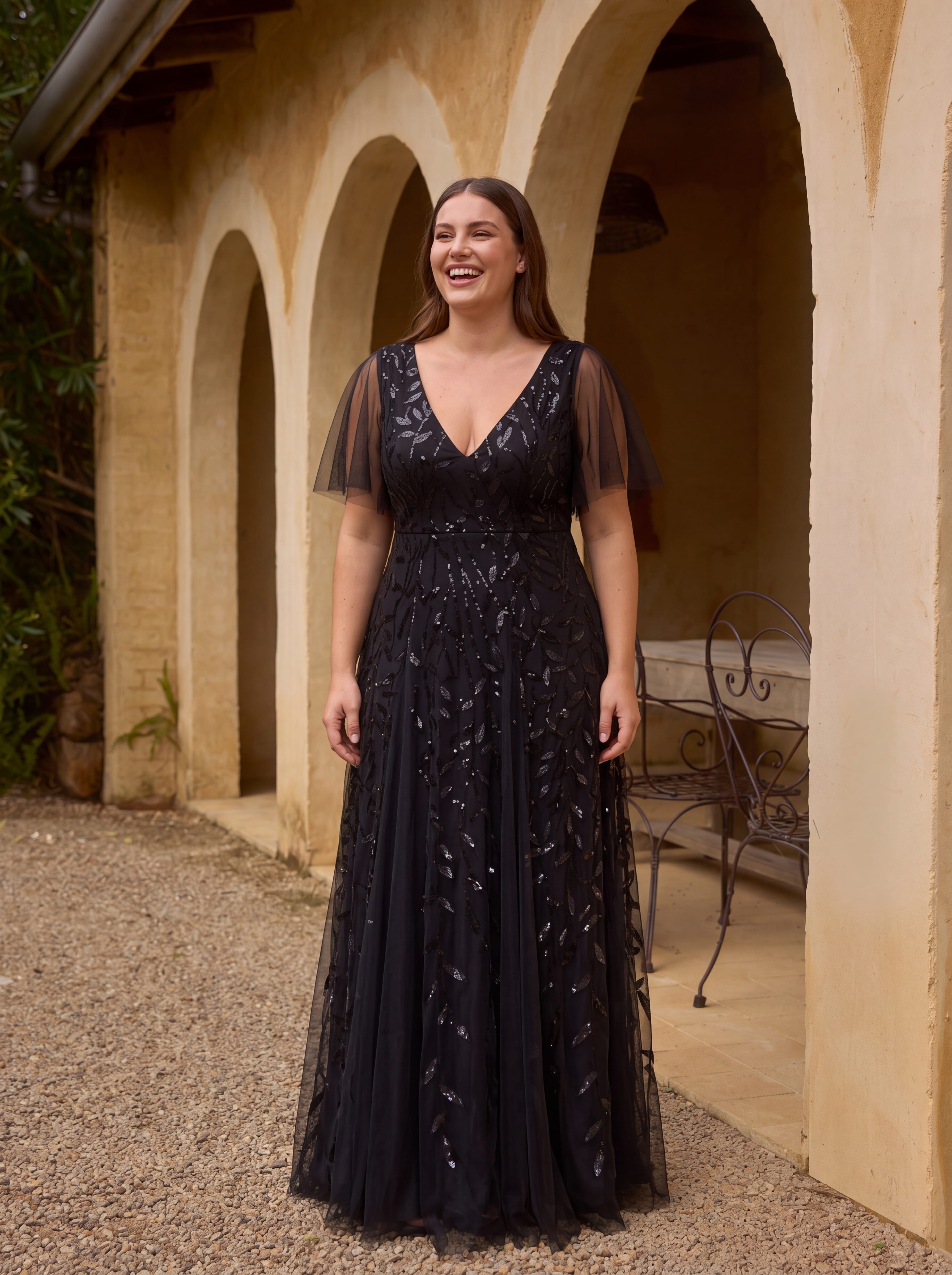 Romantic Shimmery V Neck Ruffle Sleeves Maxi Long Evening Gowns #color_Black