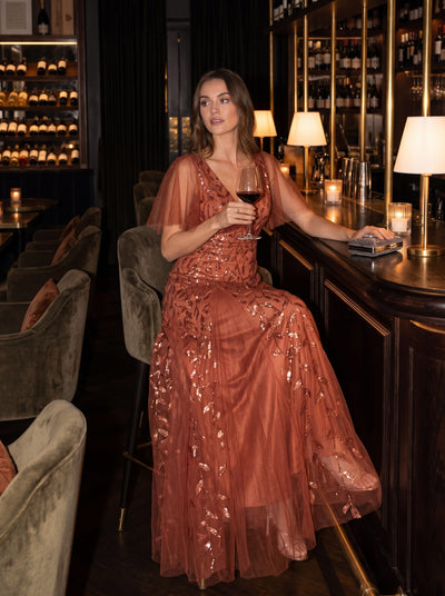 ever ASTRAL|Romantic Shimmery V Neck Ruffle Sleeves Maxi Long Evening Gowns