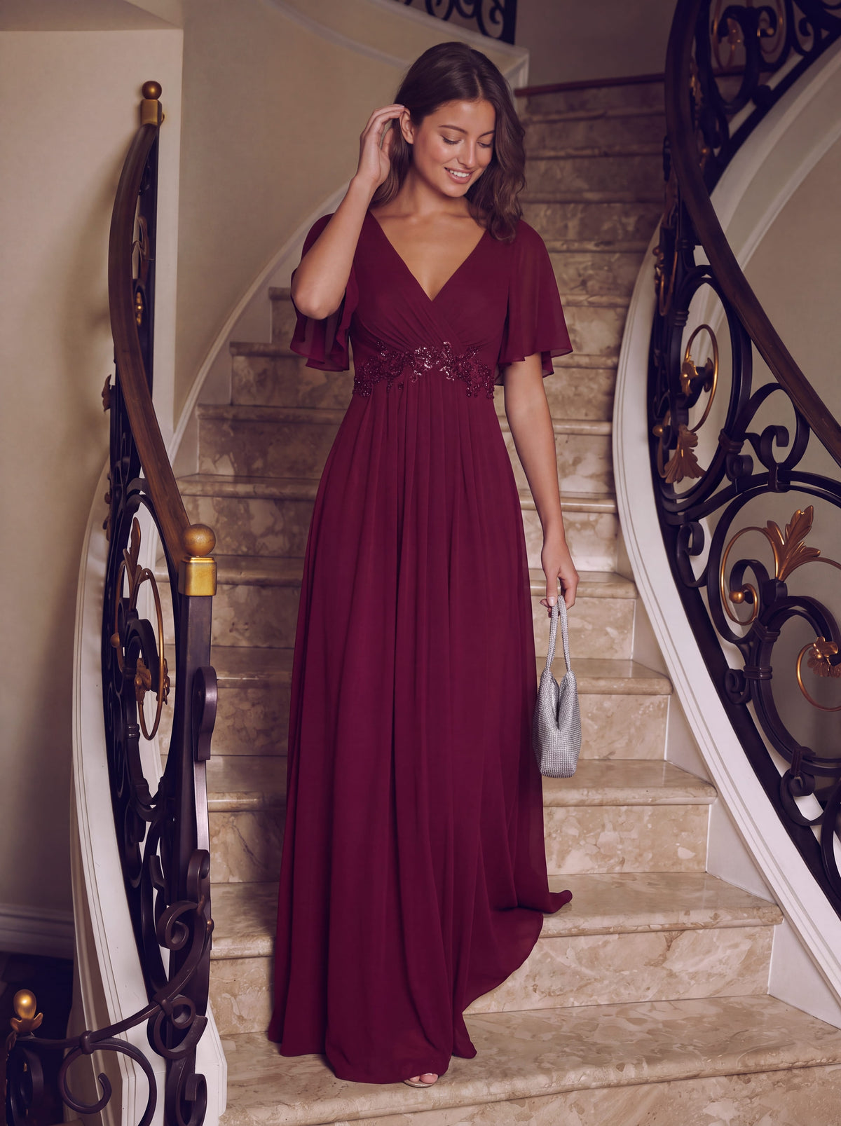 Elegant Chiffon Applique Evening Dress with Flutter Sleeves #color_Burgundy