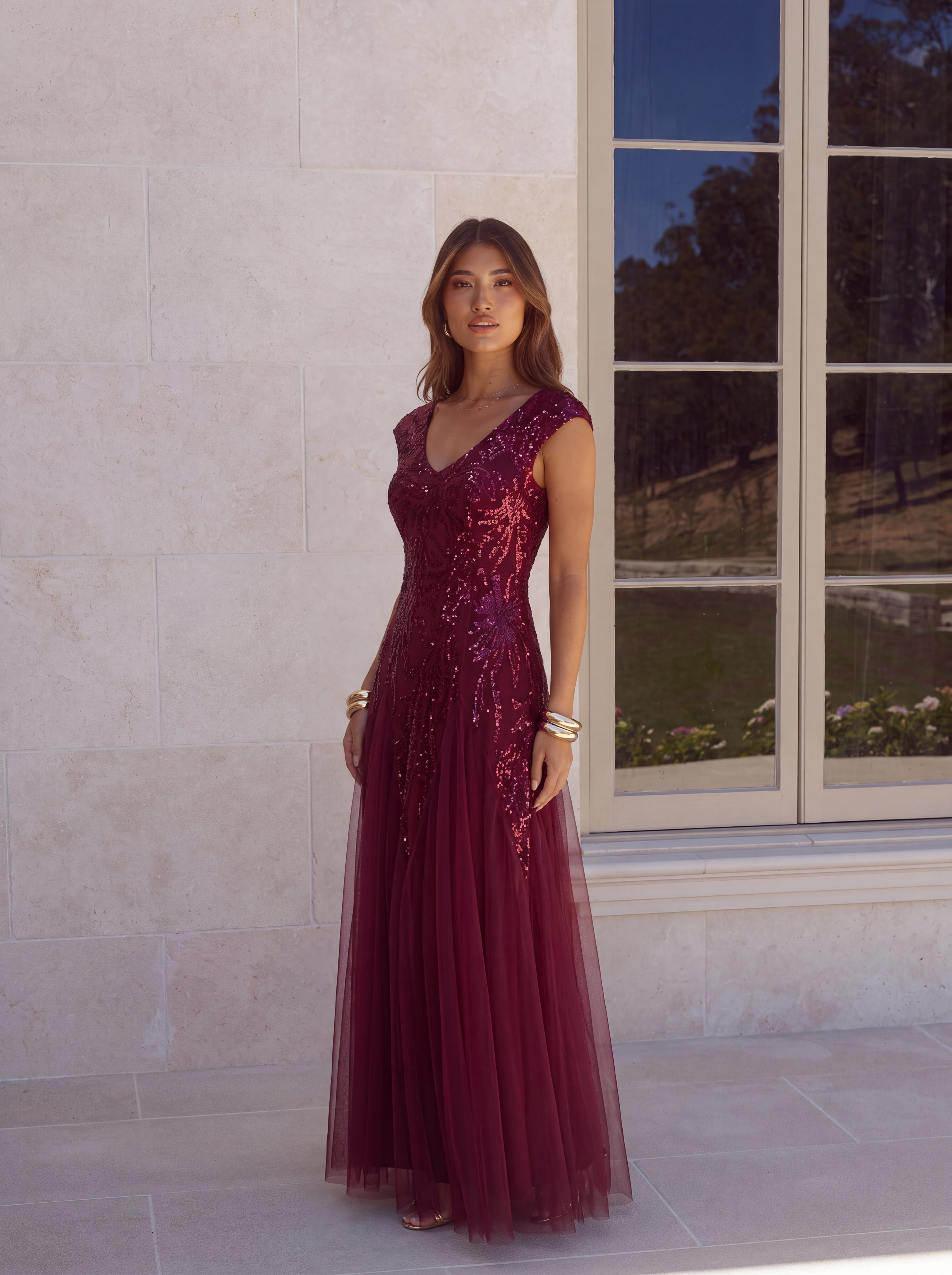 Embroidered Sequin Cap Sleeve Dress #color_Burgundy