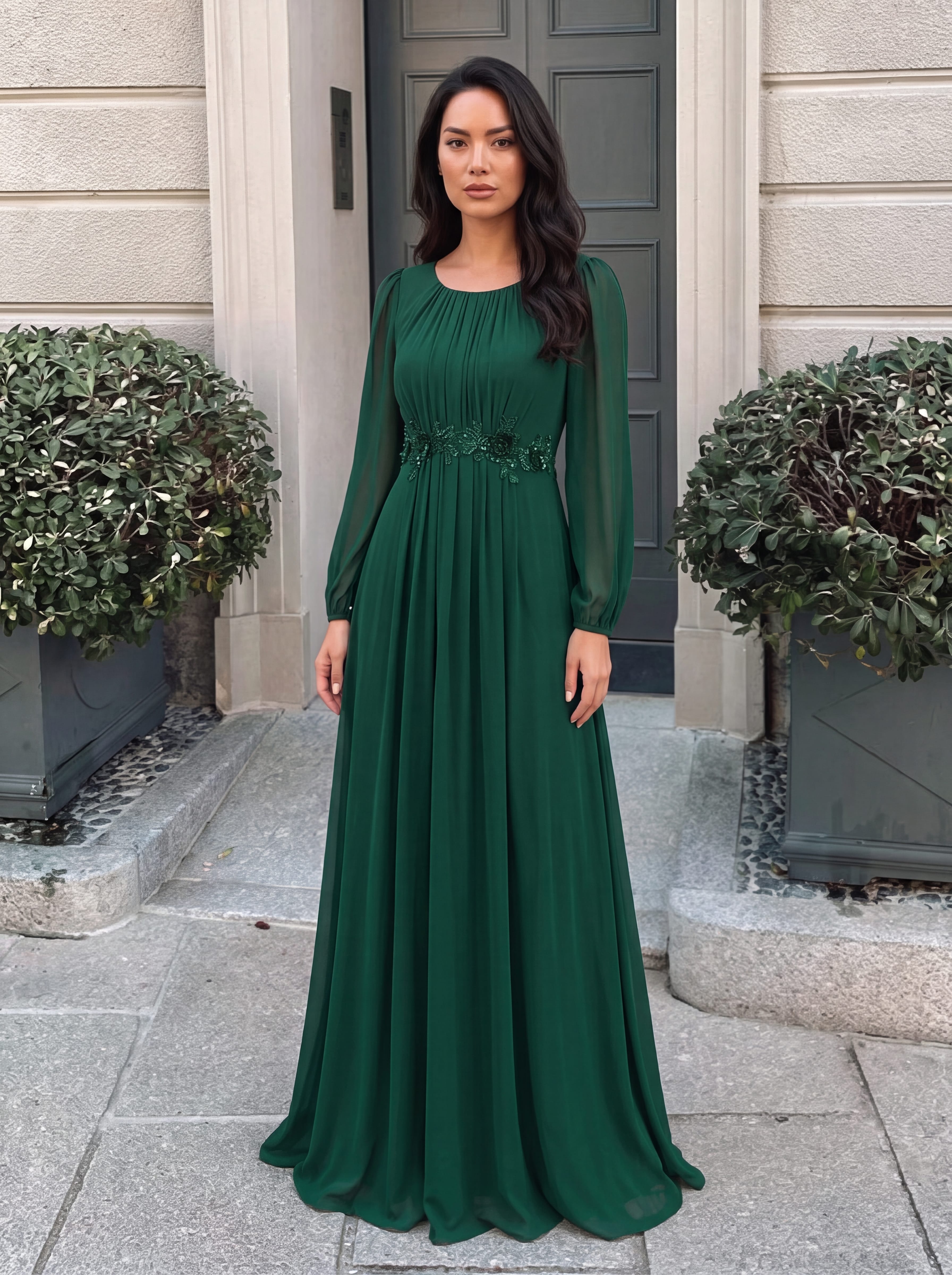Chiffon Puff Sleeve A-line Dress #color_Dark Green