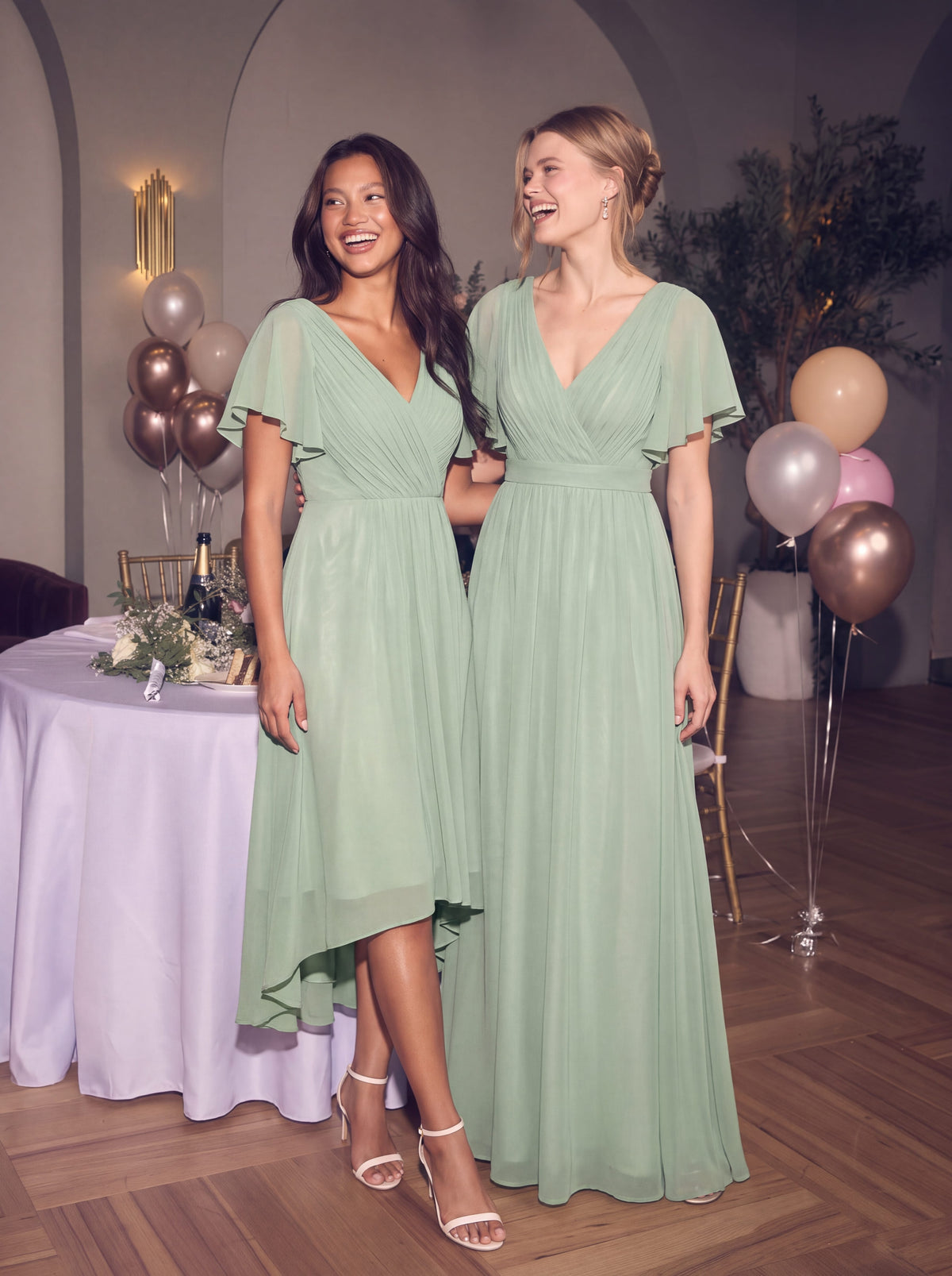 V-Neck Flutter Sleeve Floor-Length A-Line Chiffon Evening Dress #color_Mint Green