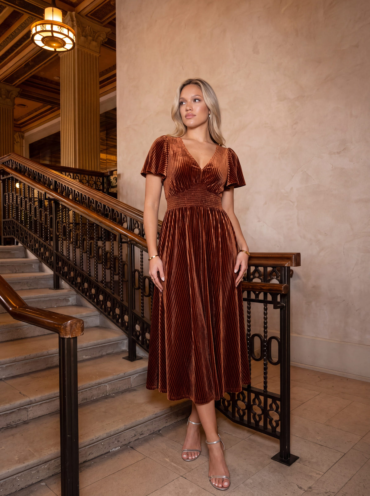 Striped Velvet Flutter Sleeves V-Neck Midi Wedding Guest Dress #color_Caramel