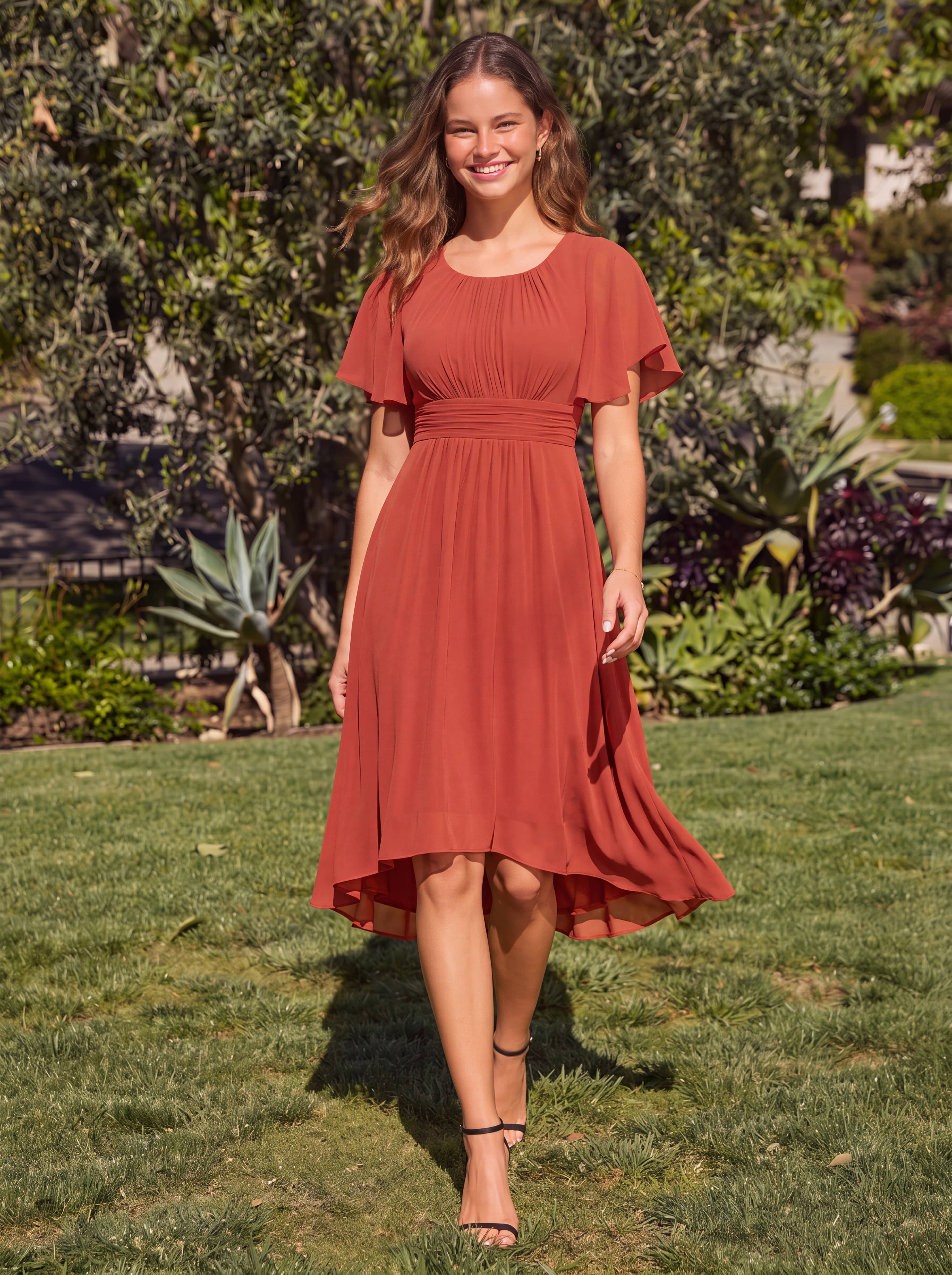 Flowy Chiffon Round Neckline A-Line Knee Length Wedding Guest Dress #color_Burnt Orange