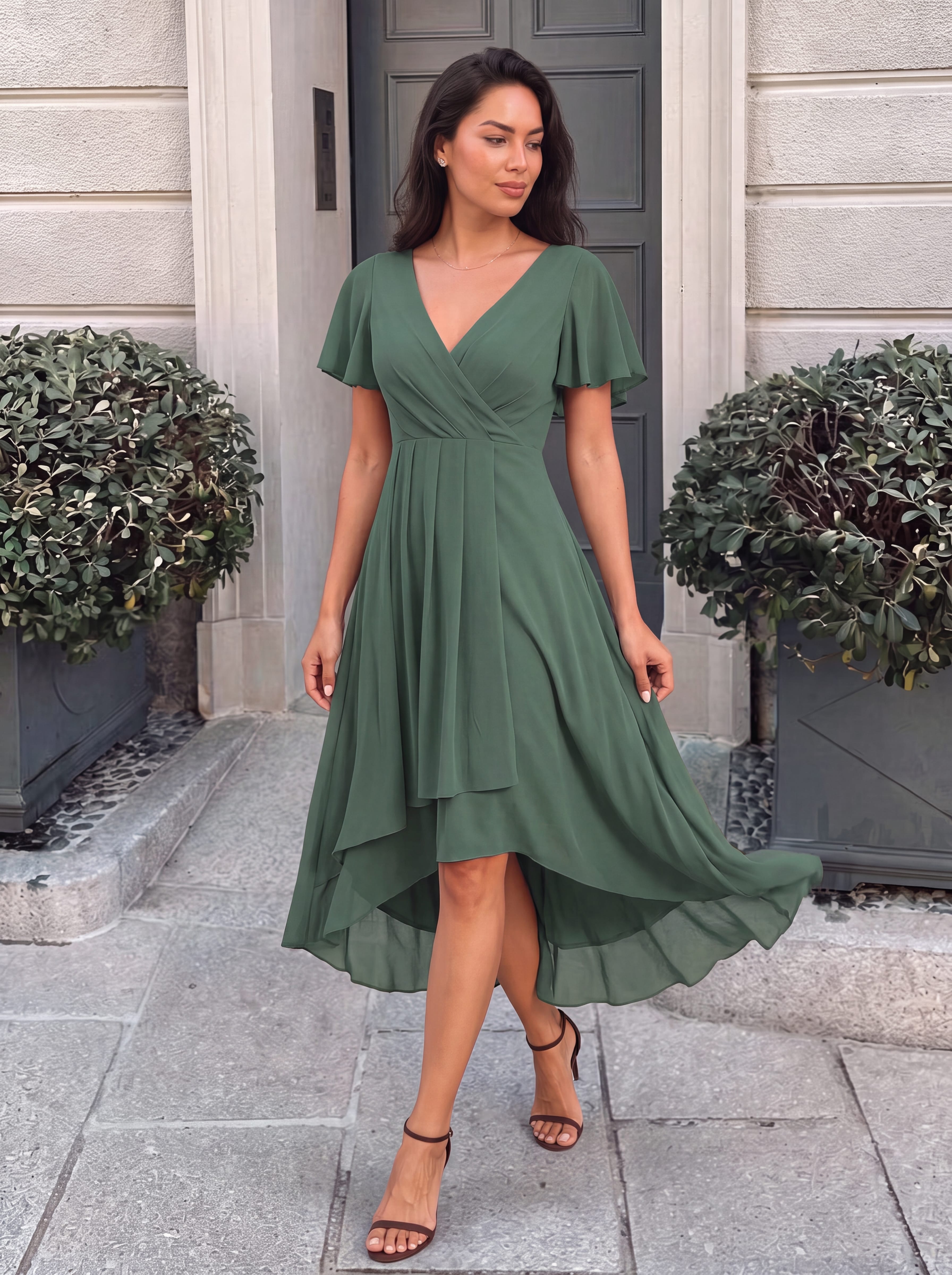 Chiffon Elegance Short Sleeve High-Low Wedding Guest Dress #color_Eucalyptus Green