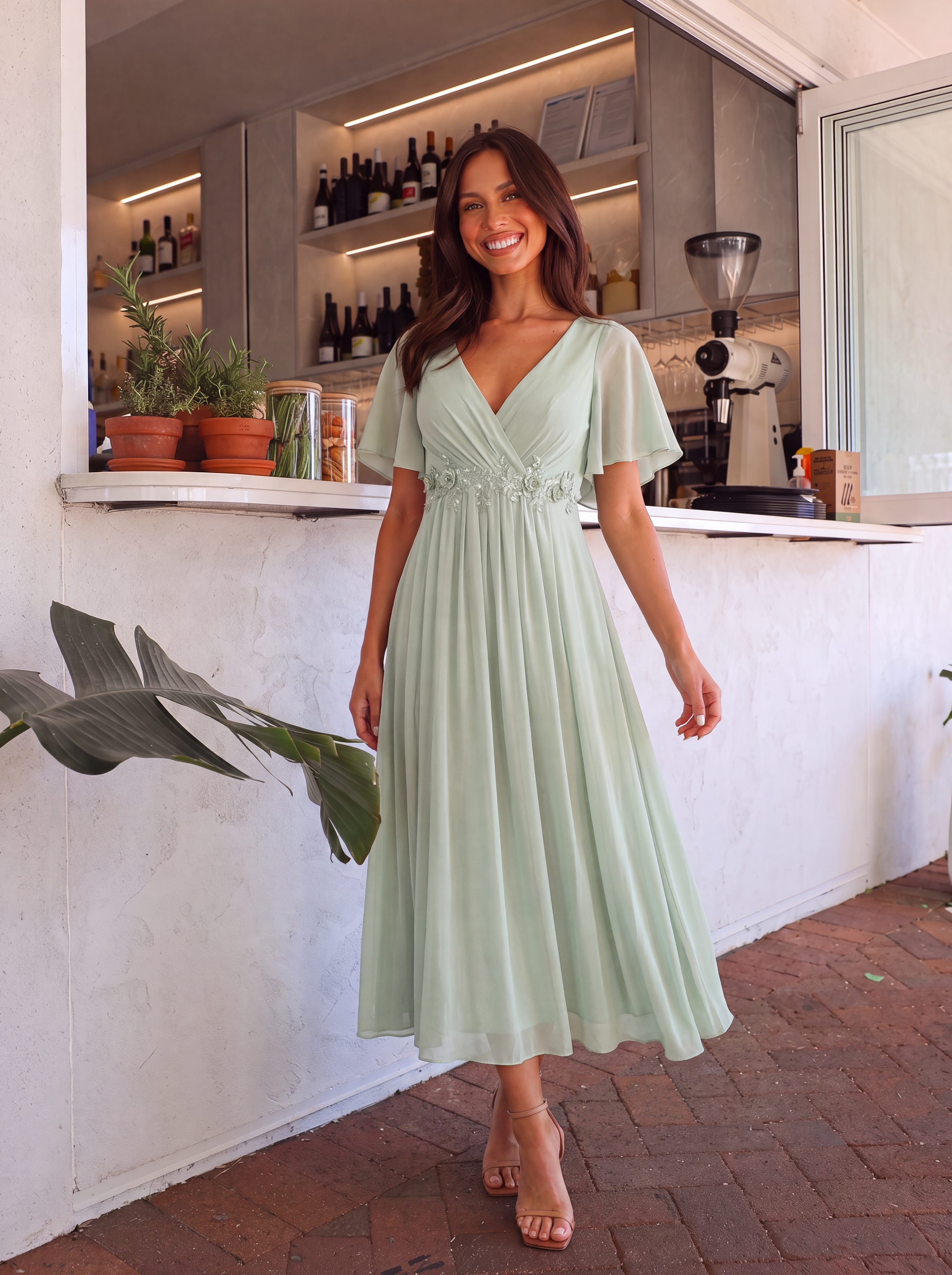 V-Neck Chiffon Evening Dress with Waist Applique #color_Mint Green