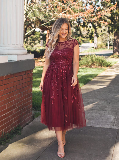 Plus Size Sequin A-Line Tea Length Dress with Cap Sleeves